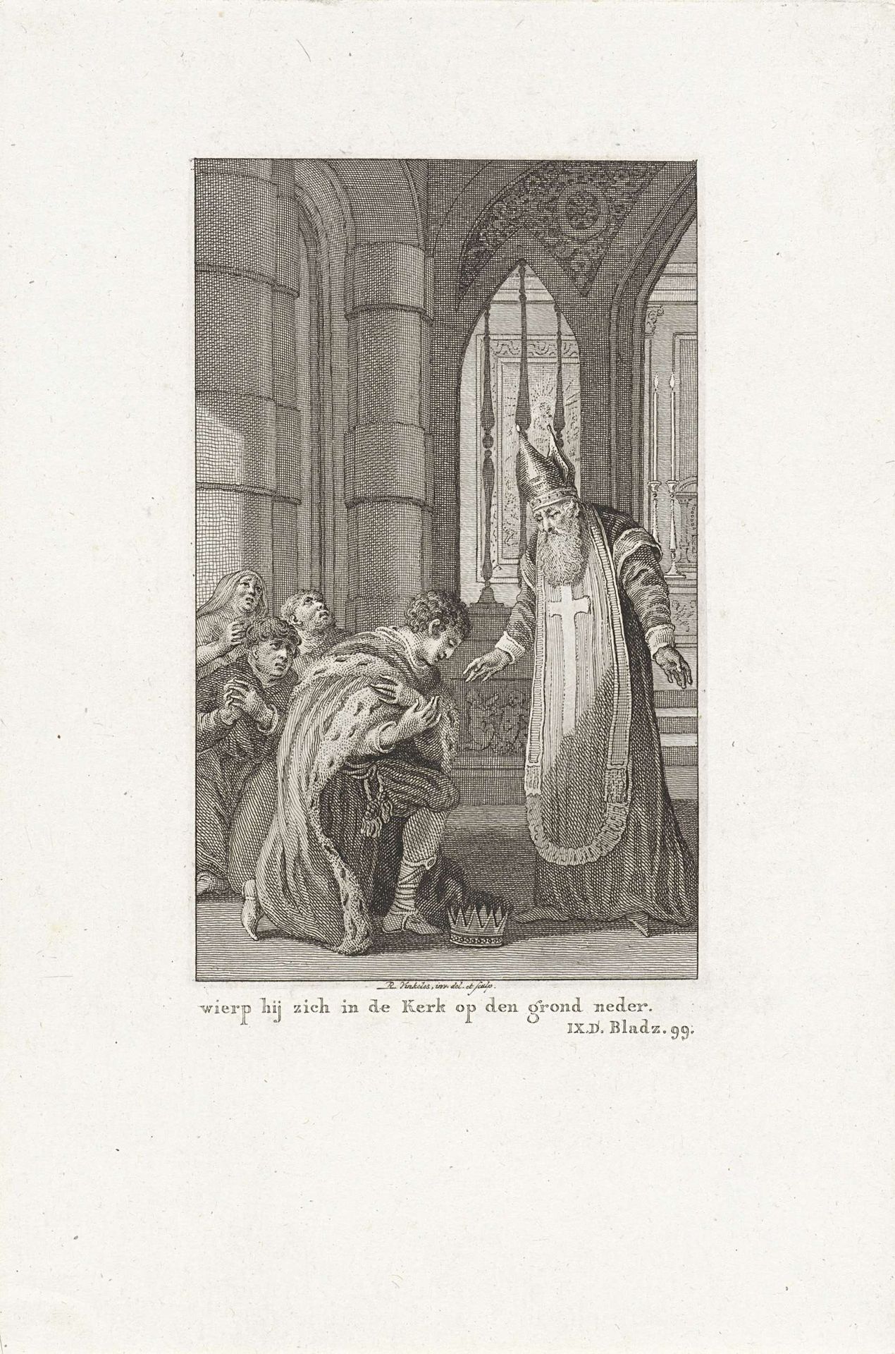 Keizer Theodosius I werpt zich op zijn knieën voor Ambrosius by Reinier Vinkeles