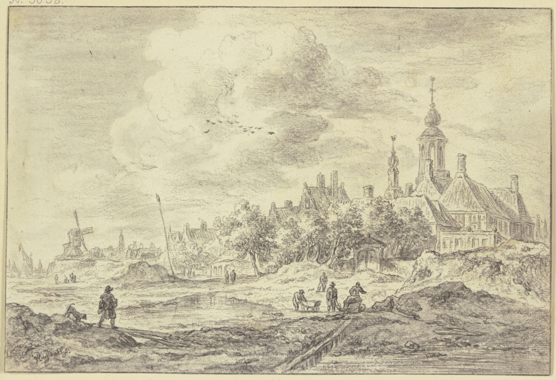 Ansicht eines Dorfes mit Kirche und Windmühle, Arbeiter mit Schubkarren, links Mann mit Hund by Karel la Fargue