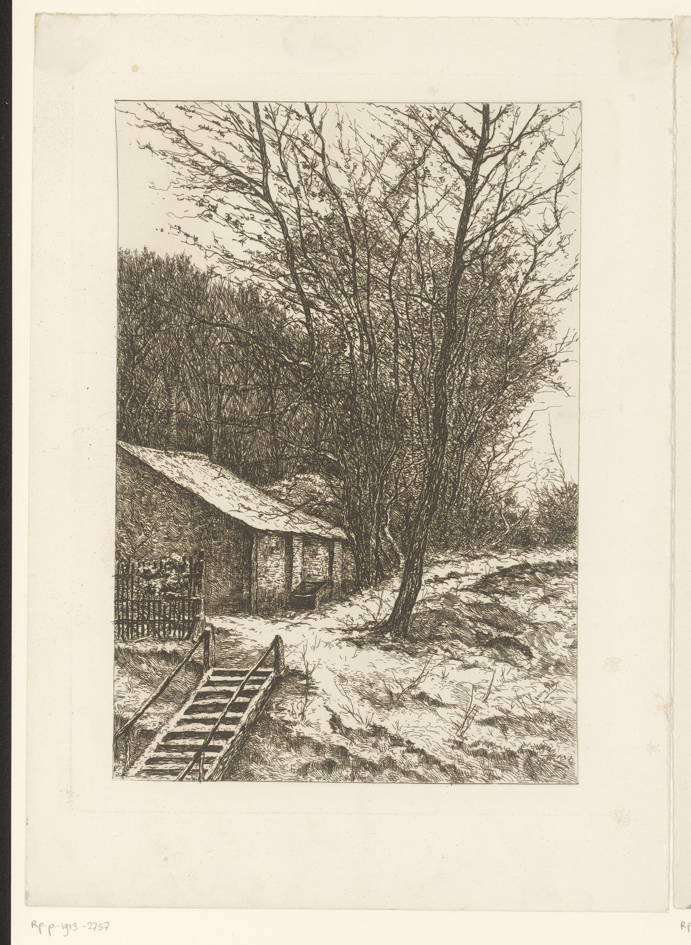Winterlandschap met boerderij bij een trap by Henri Rul