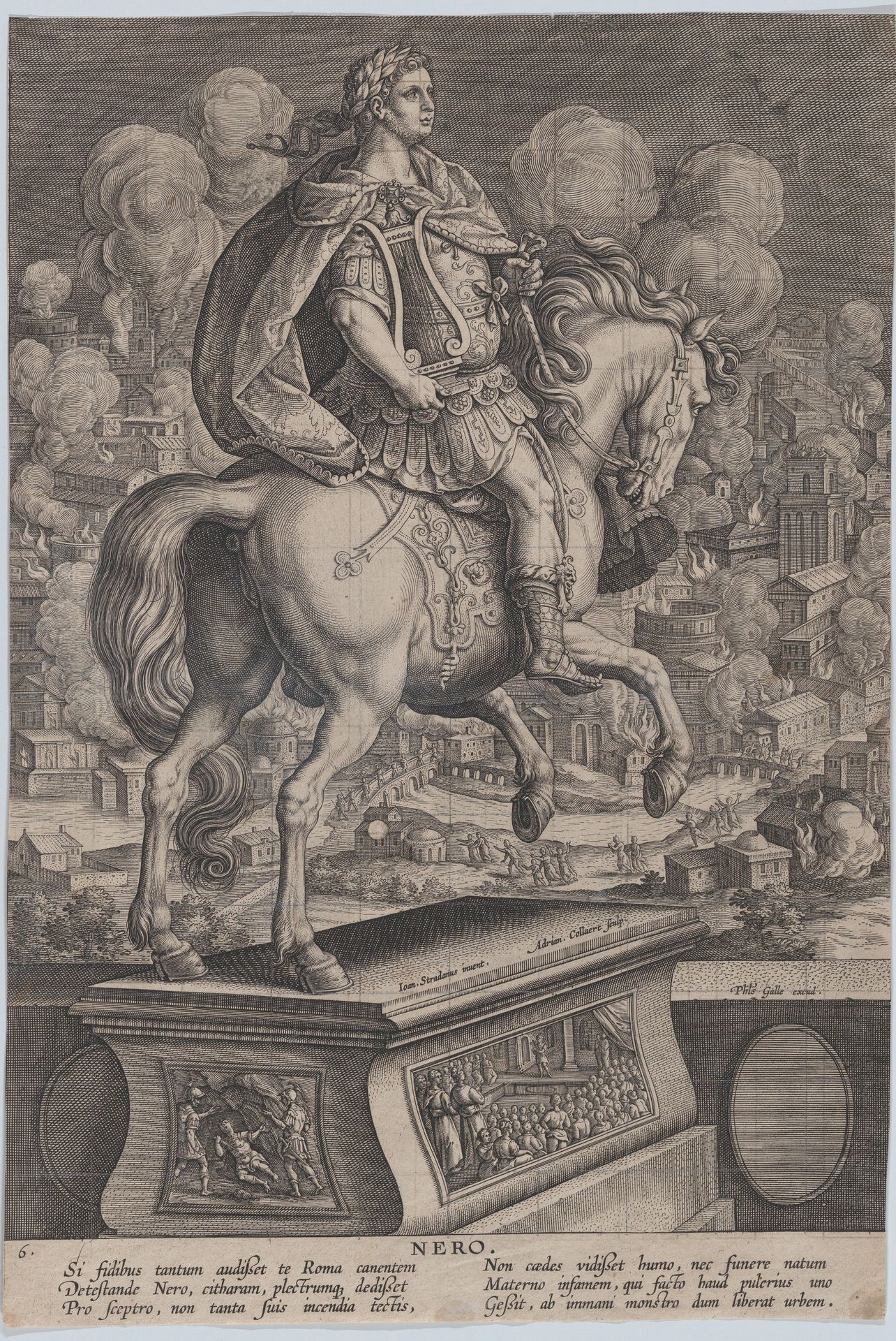 Plate 6: equestrian statue of Nero, seen from behind, the Great Fire of Rome in the background, from 'Roman Emperors on Horseback' by Adriaen Collaert