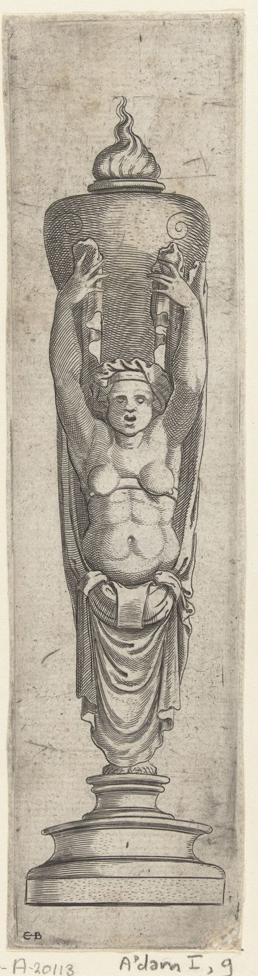 Sculptuur, kariatide die op haar hoofd een brandende urn draagt by Anonymous