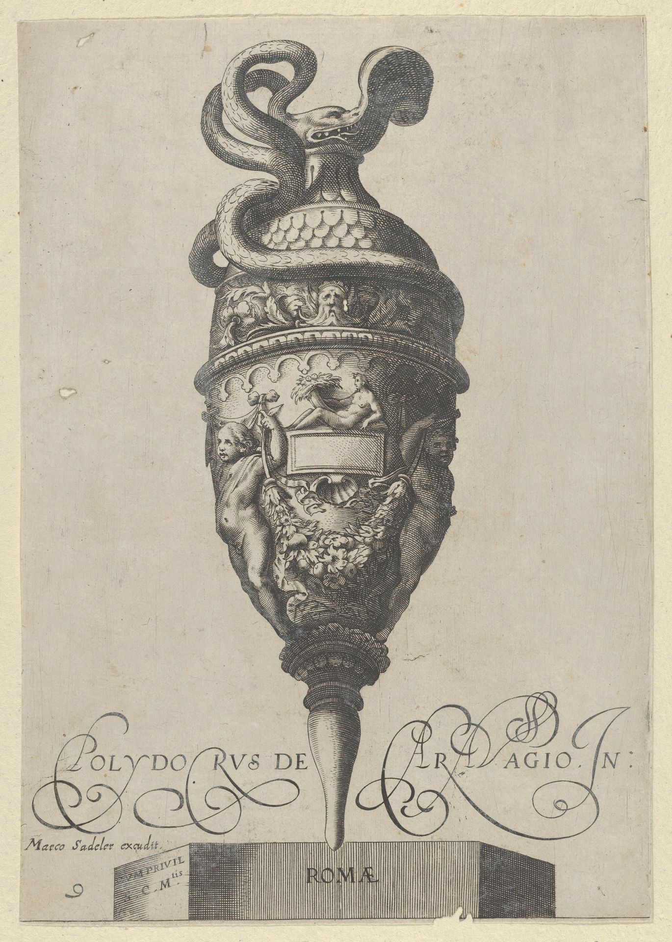 Plate 9: Vase or Ewer with a Serpent Handle and Two Putti holding up a Garland, from Antique Vases (‘Vasa a Polydoro Caravagino’) by Aegidius Sadeler II