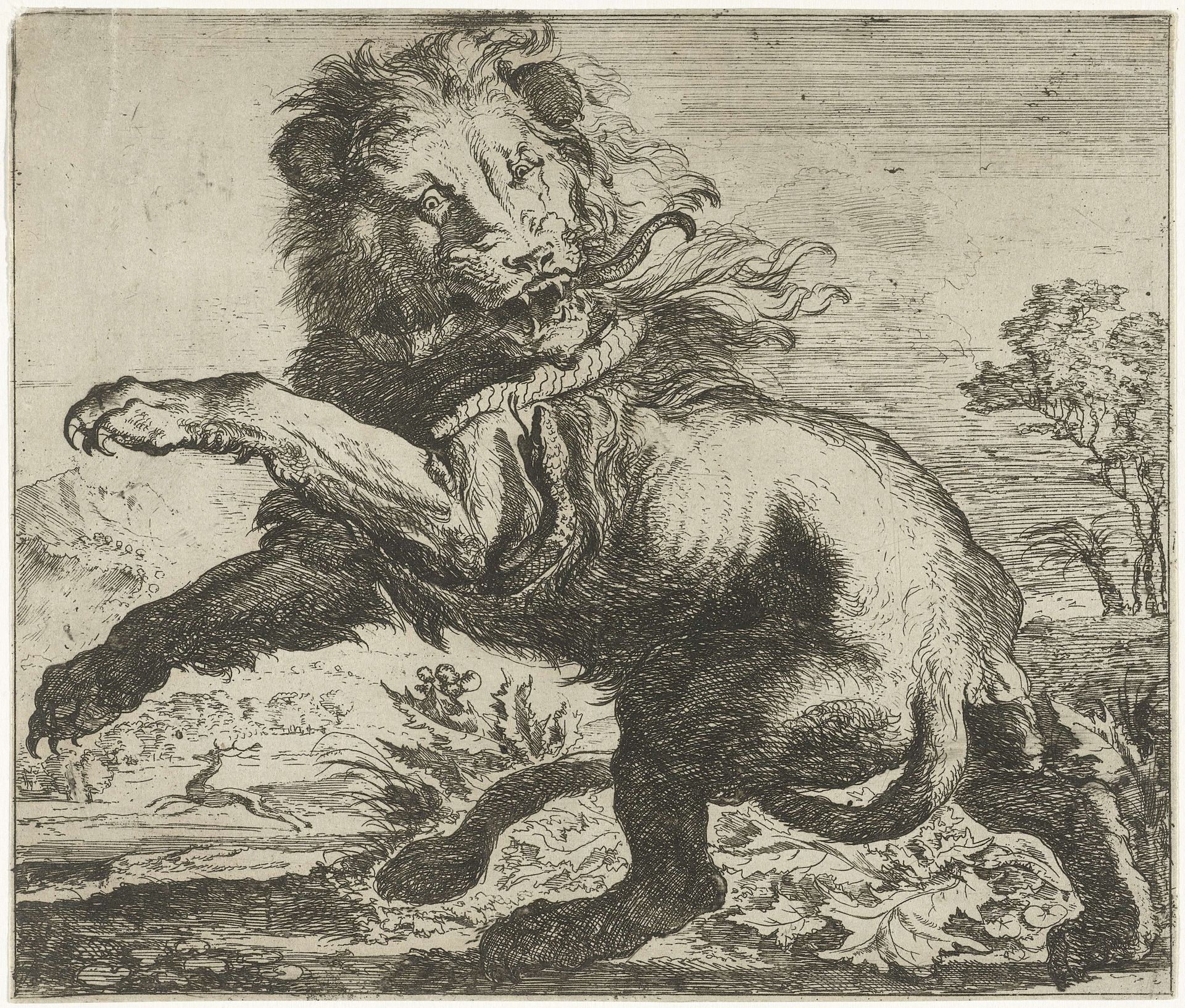 Leeuw en slang in gevecht by Abraham Hondius