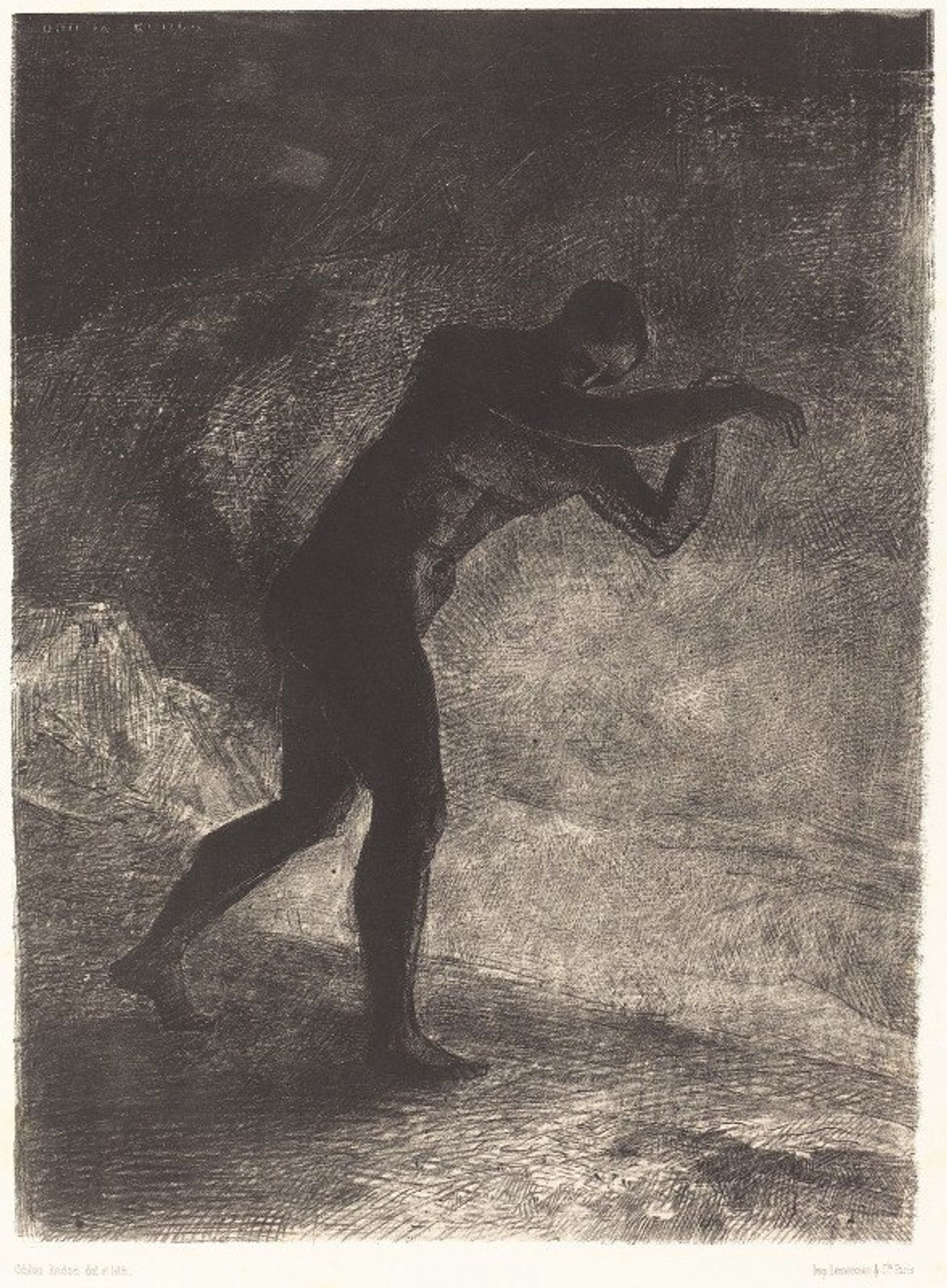 Et l’homme parut, interrogeant le sol d’ou il sort et qui l’attire, il se fraya la voie vers by Odilon Redon