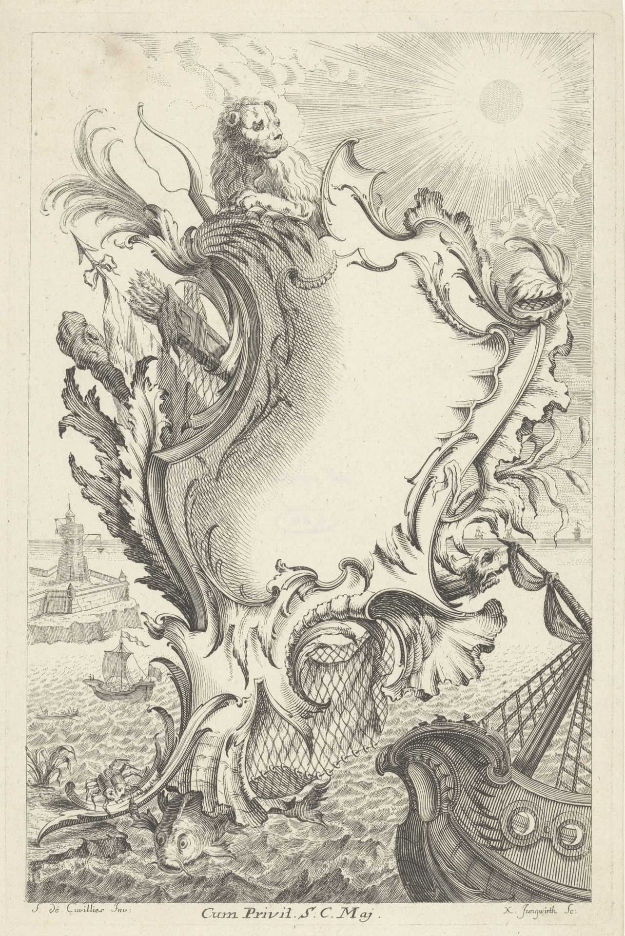 Cartouche met leeuw en wapens by Franz Xaver Jungwirth