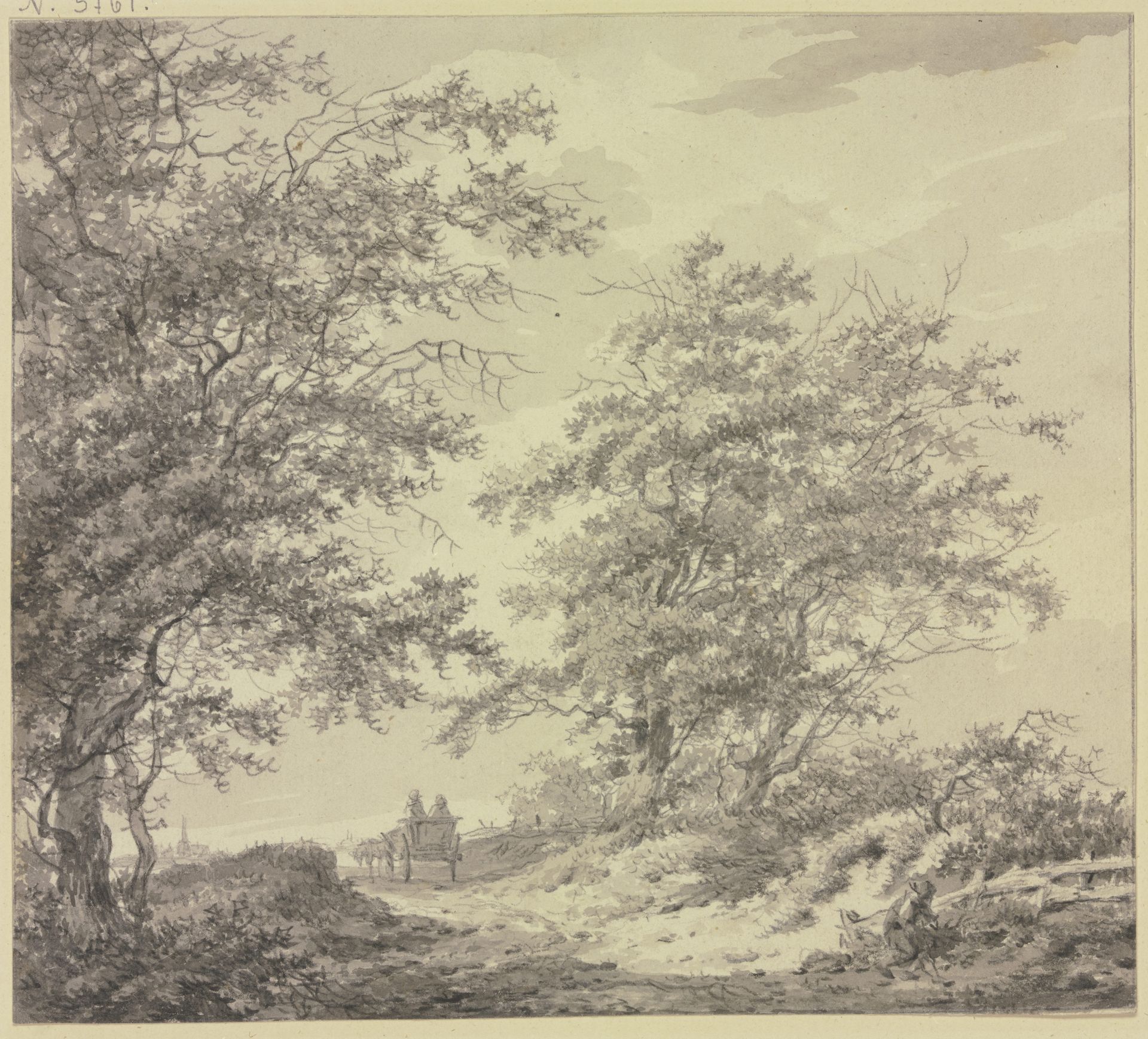 Weg zwischen zwei Baumgruppen mit einem Wagen, rechts am Zaun ein sitzender Mann by Hermanus van Brussel