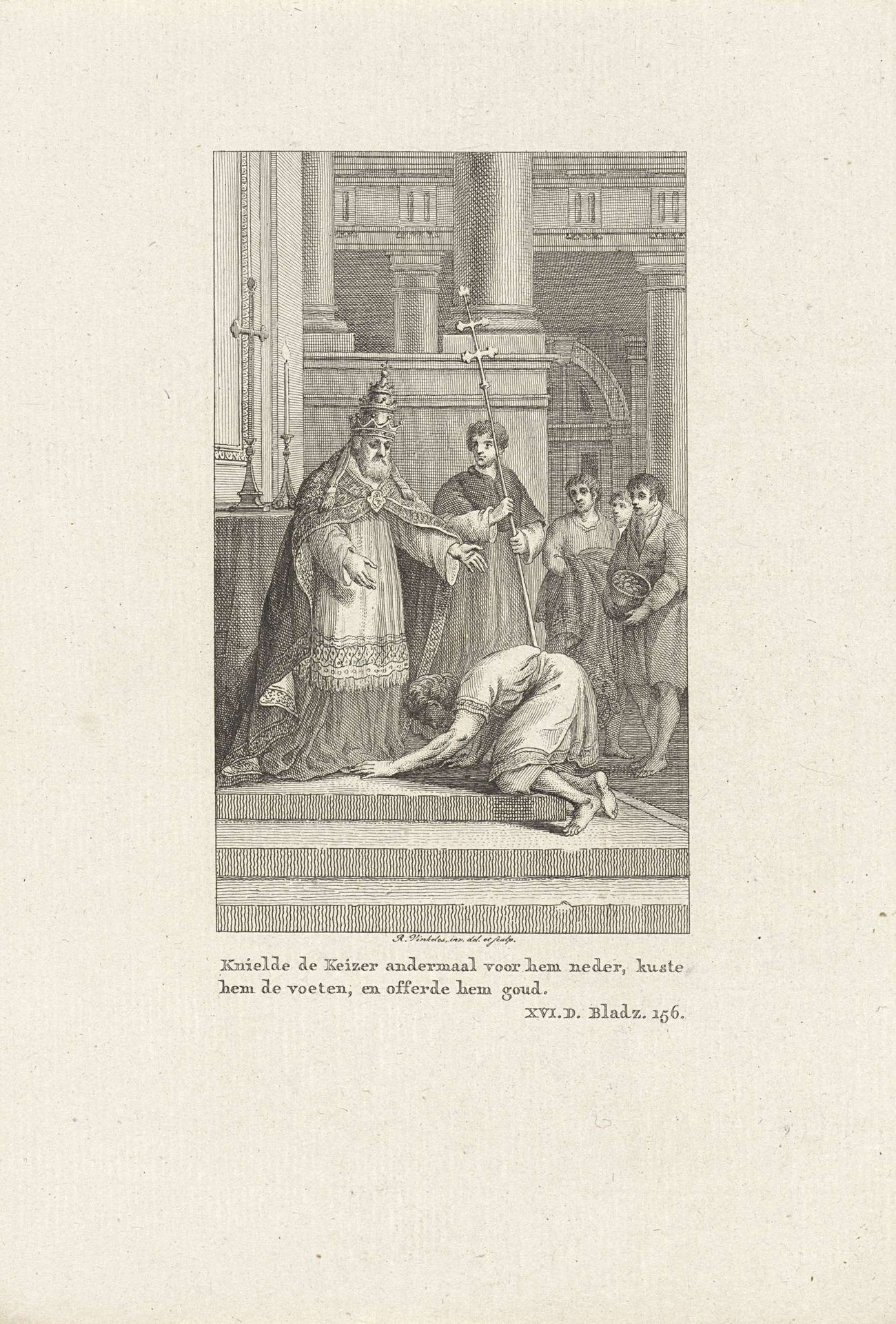 Keizer Frederik I Barbarossa kust de voeten van paus Alexander III by Reinier Vinkeles