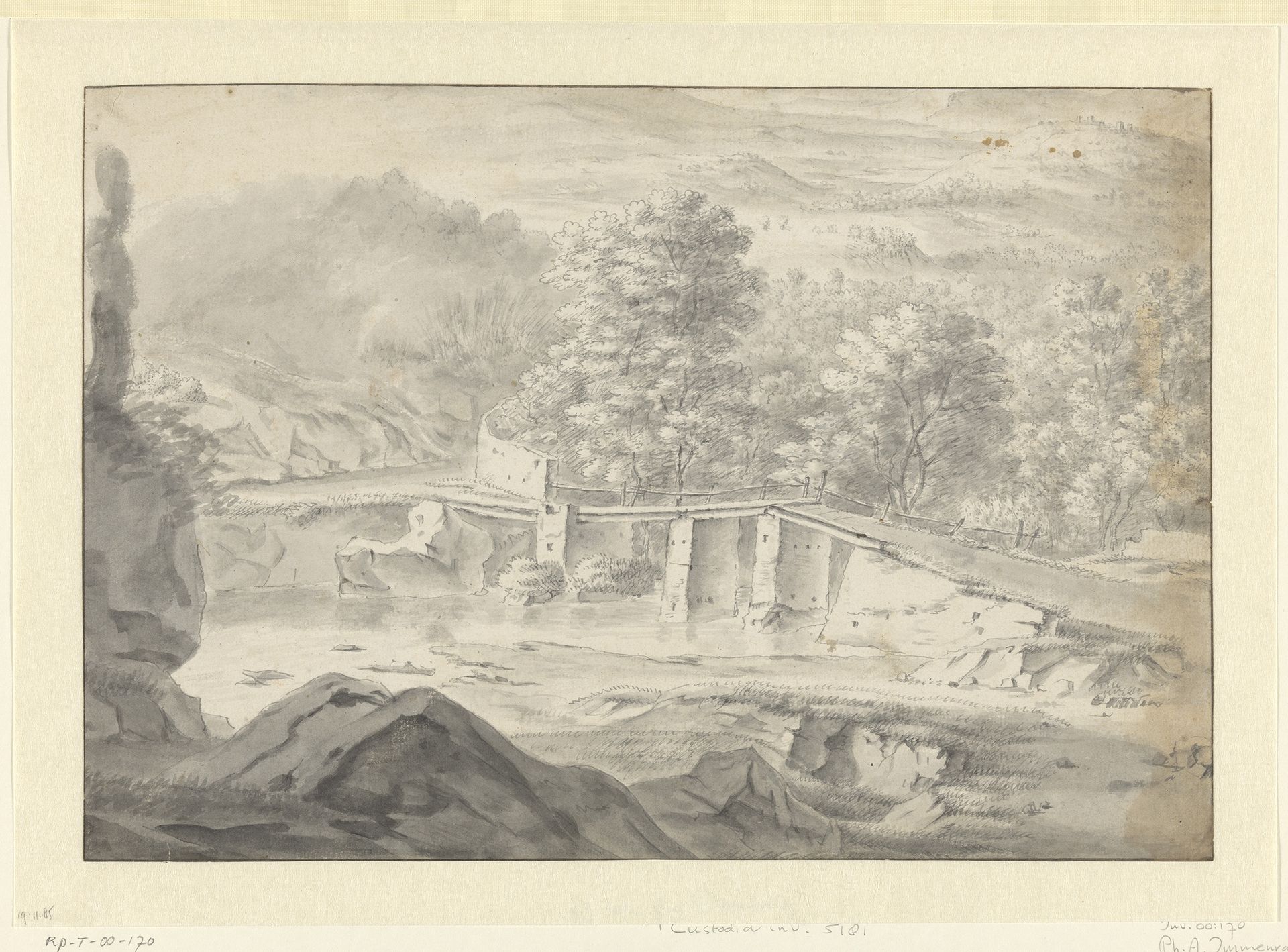 Heuvelachtig landschap met een bruggetje over een rivier by Philips Augustijn Immenraet