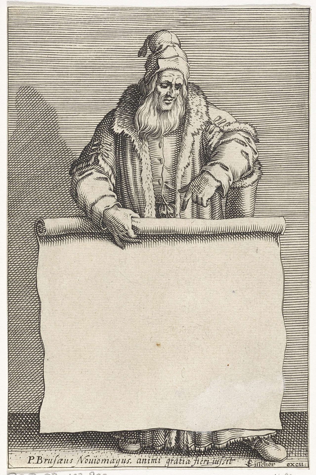 Oude man met rol papier by Pieter Serwouters