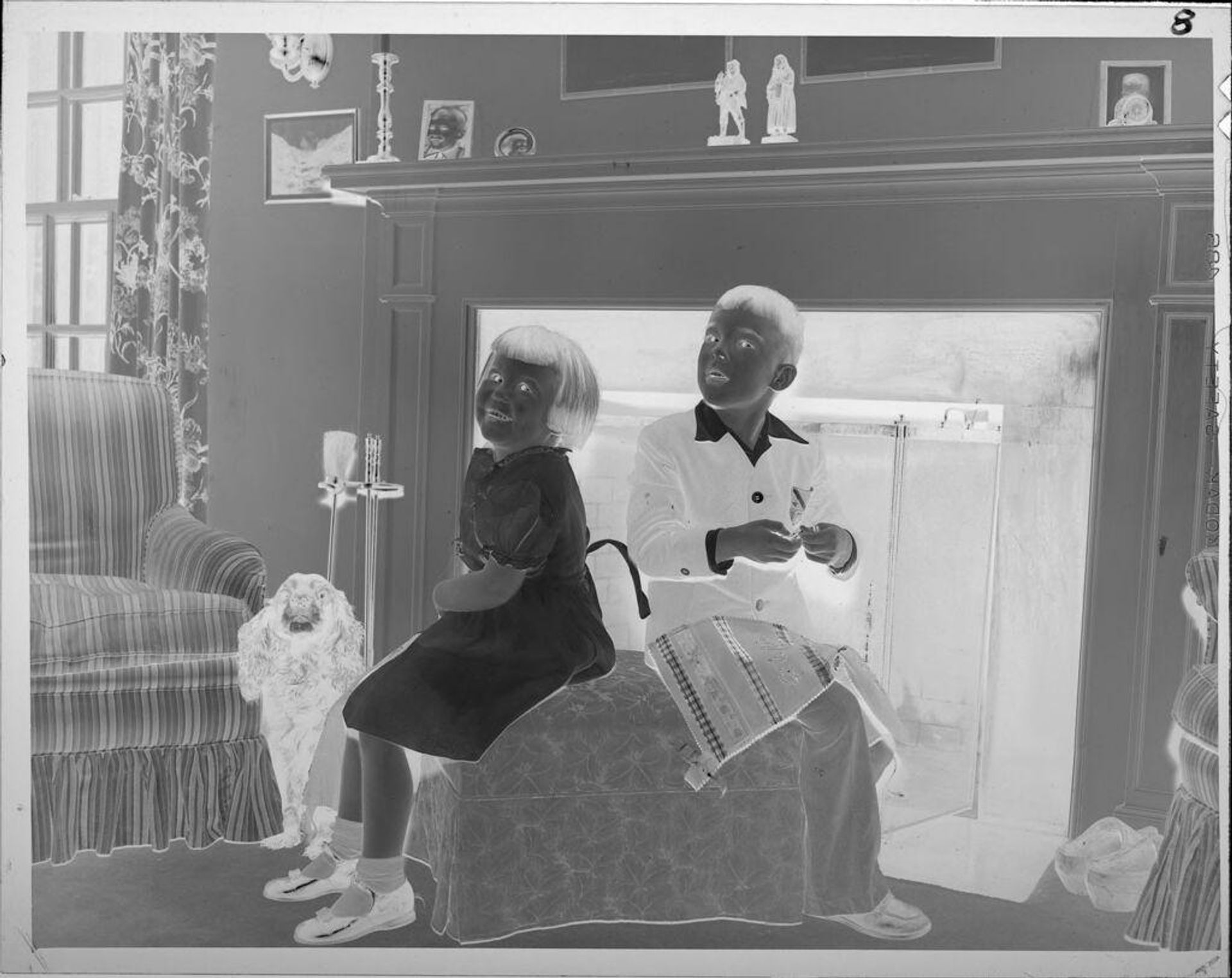 Untitled (boy and girl sitting in living room with dog) by Lucian and Mary Brown