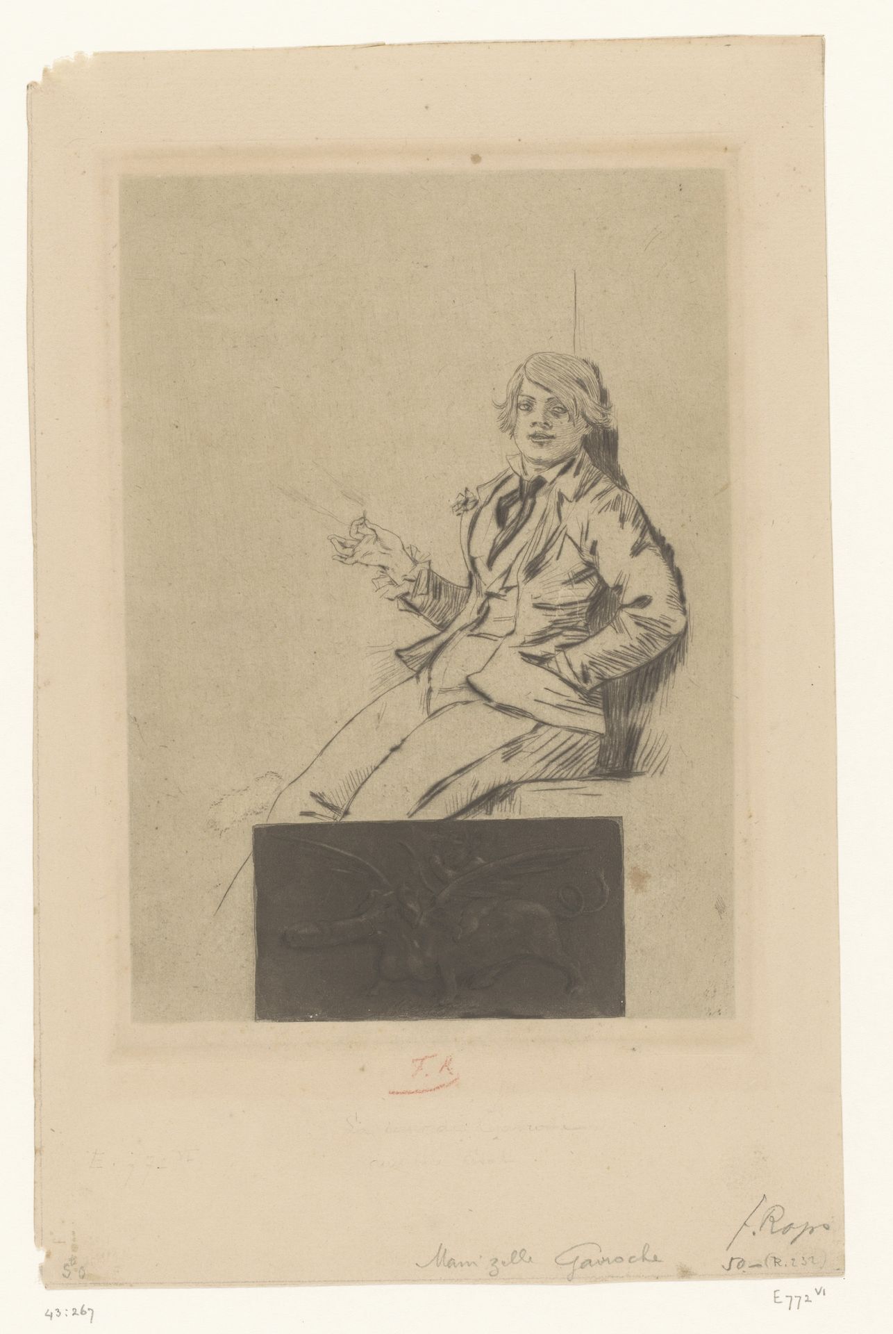 Jonge vrouw in mannenkleding met een sigaret by Felicien Rops