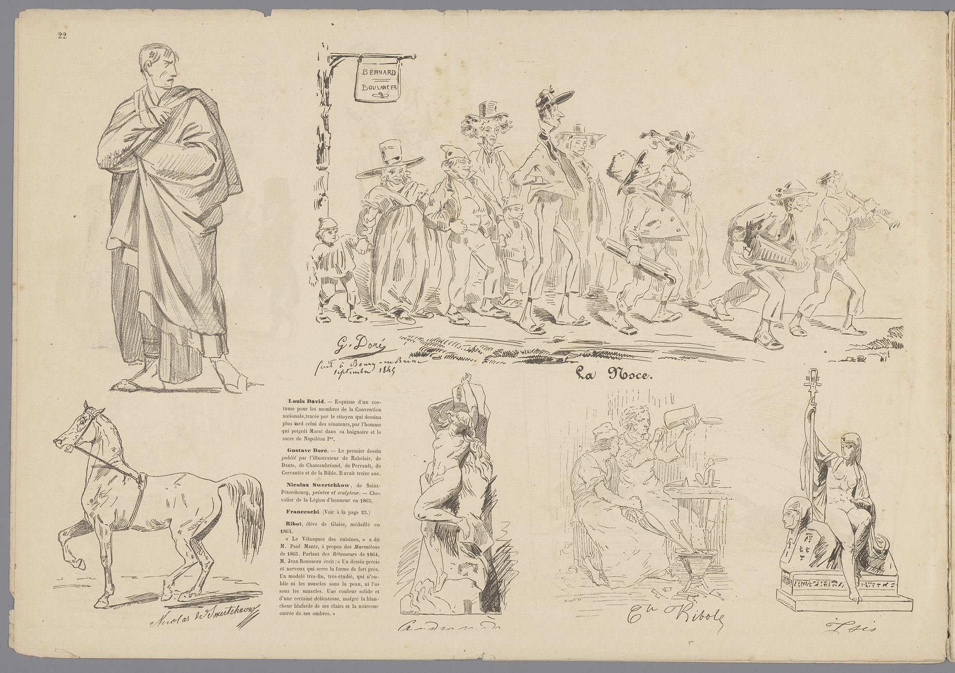 Staande man, karikatuur van een groep mensen, een paard, Andromeda, twee figuren in een werkplaats en een Egyptische figuur op een sfinx by Firmin Gillot