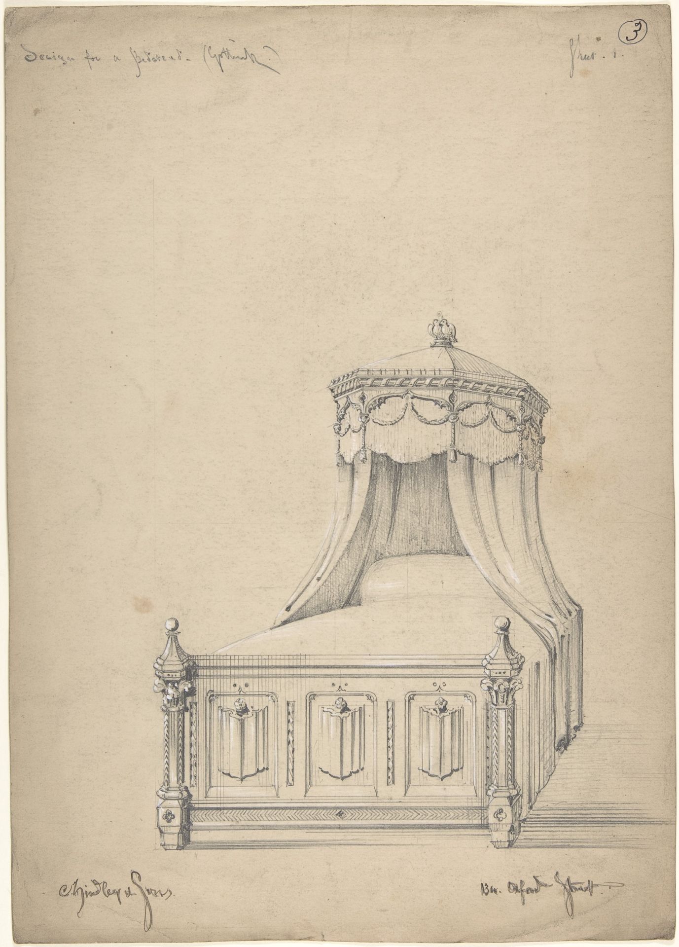 Design for a Gothic Bed by Charles Hindley and Sons
