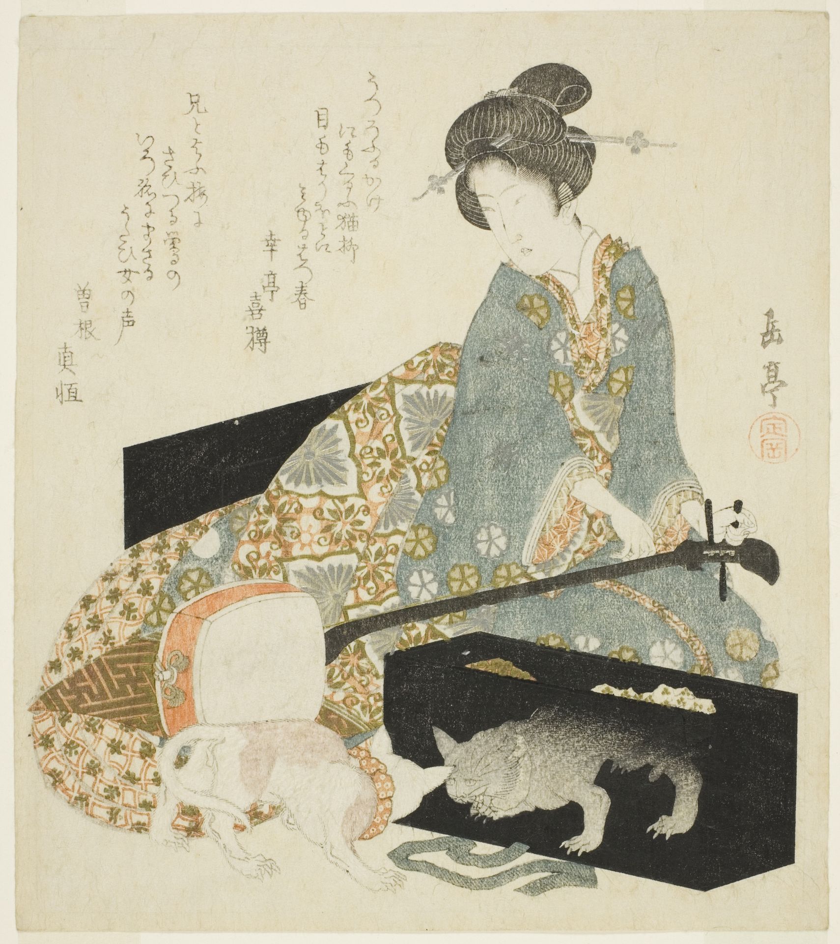 Woman with Shamisen and Cat by Yashima Gakutei 屋島岳亭