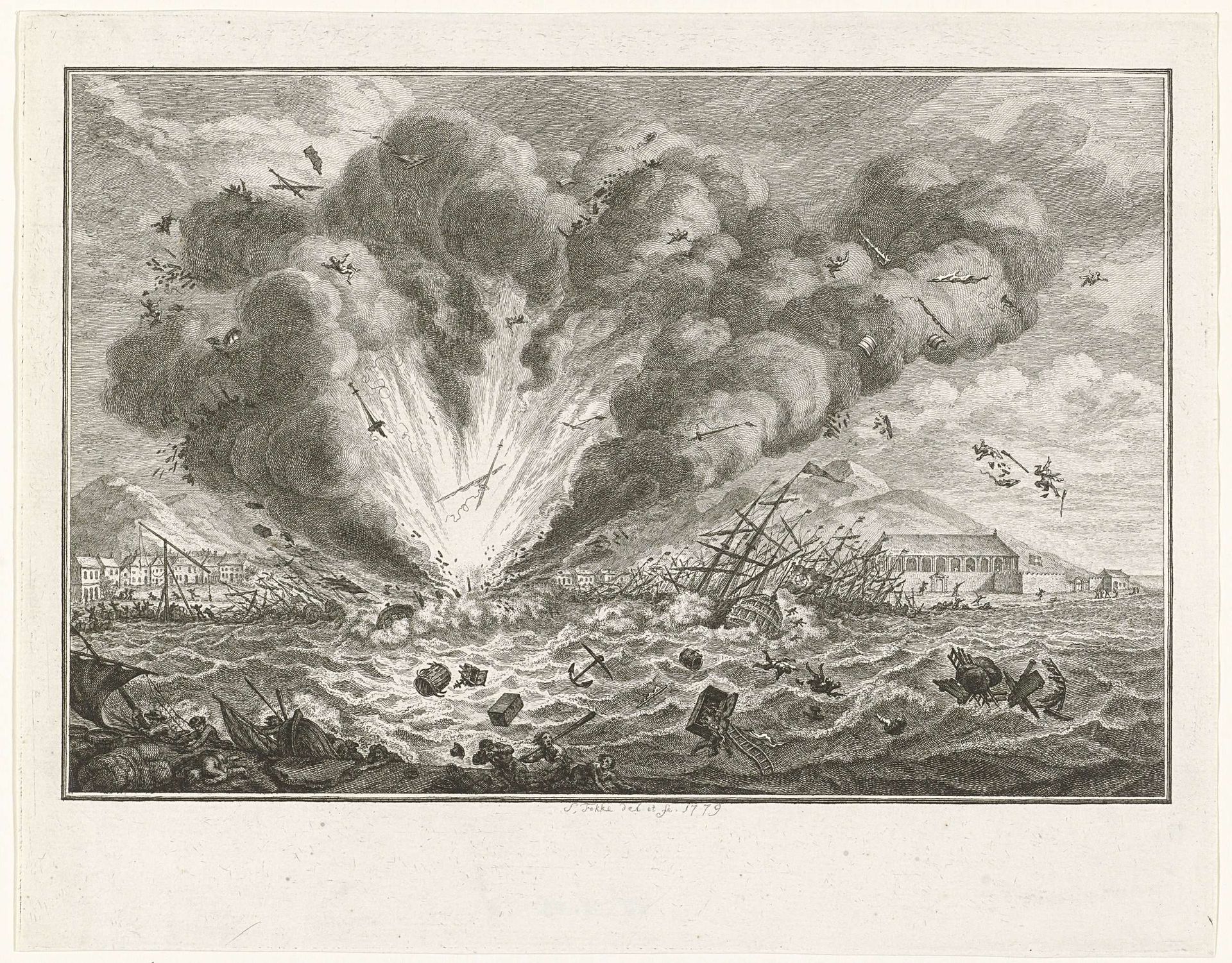 Ontploffen van het oorlogsschip Alphen in de haven van Curaçao, 1778 by Simon Fokke
