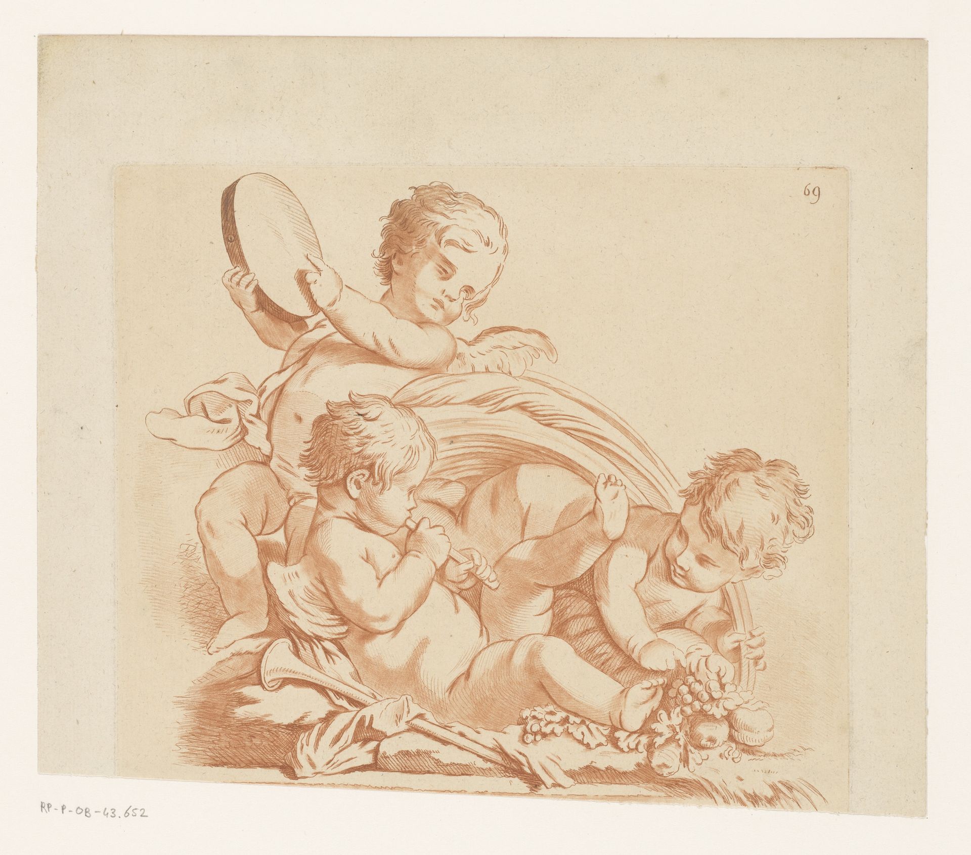 Drie putti met muziekinstrumenten en fruit by Jean Baptiste (le vieux) Huet