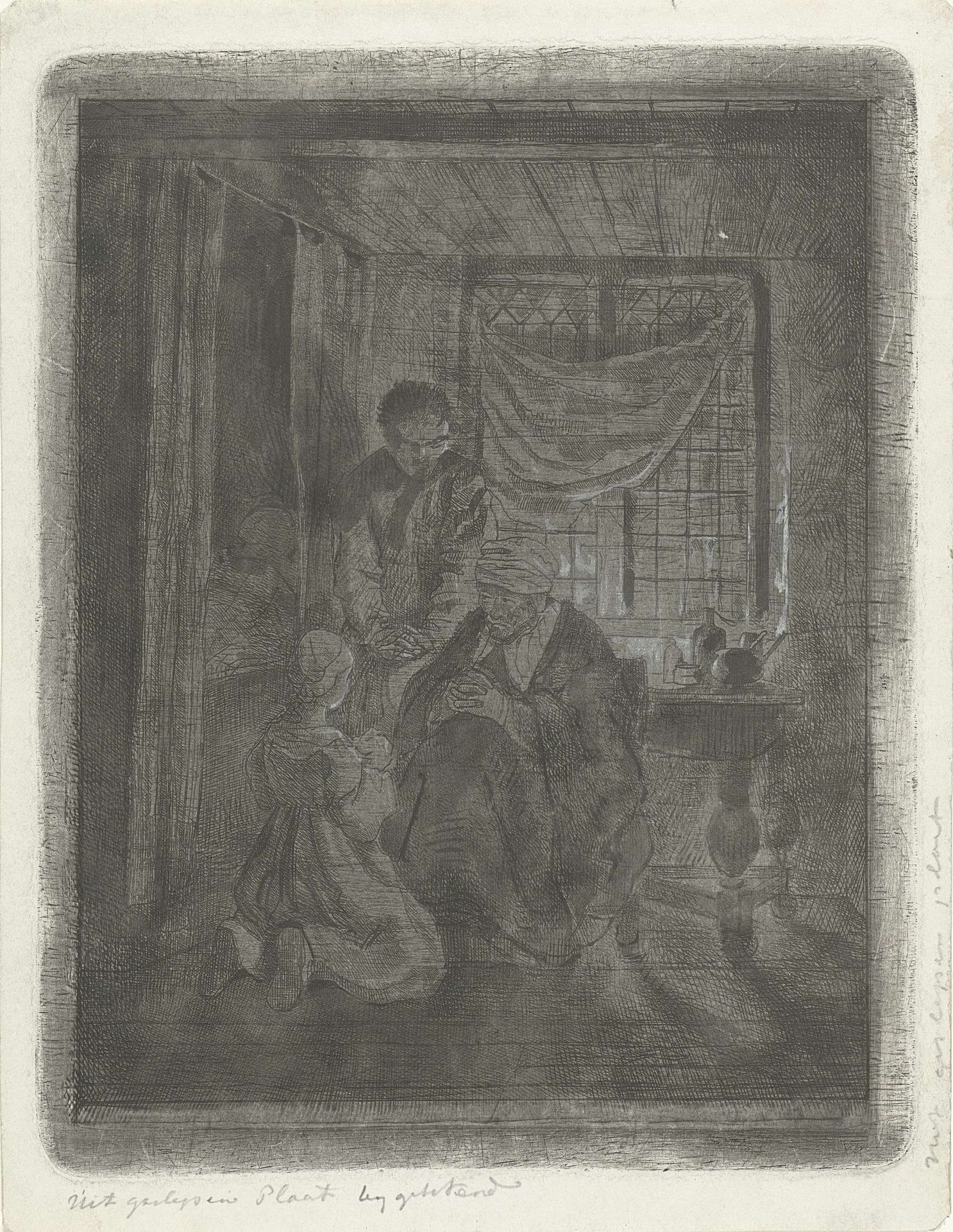 Biddend gezin voor een bedstede by Jacobus Ludovicus Cornet