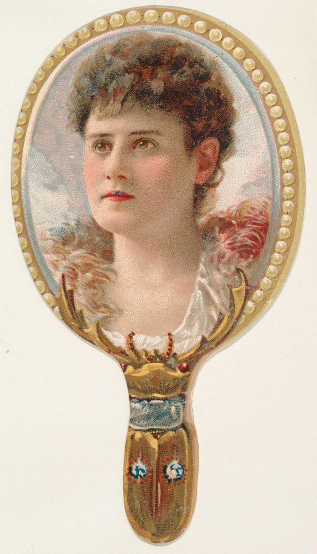 Hand mirror with woman in feathered collar, from the Novelties series (N122) issued by Gail & Ax Tobacco to promote Navy Long Cut by Gail & Ax Tobacco