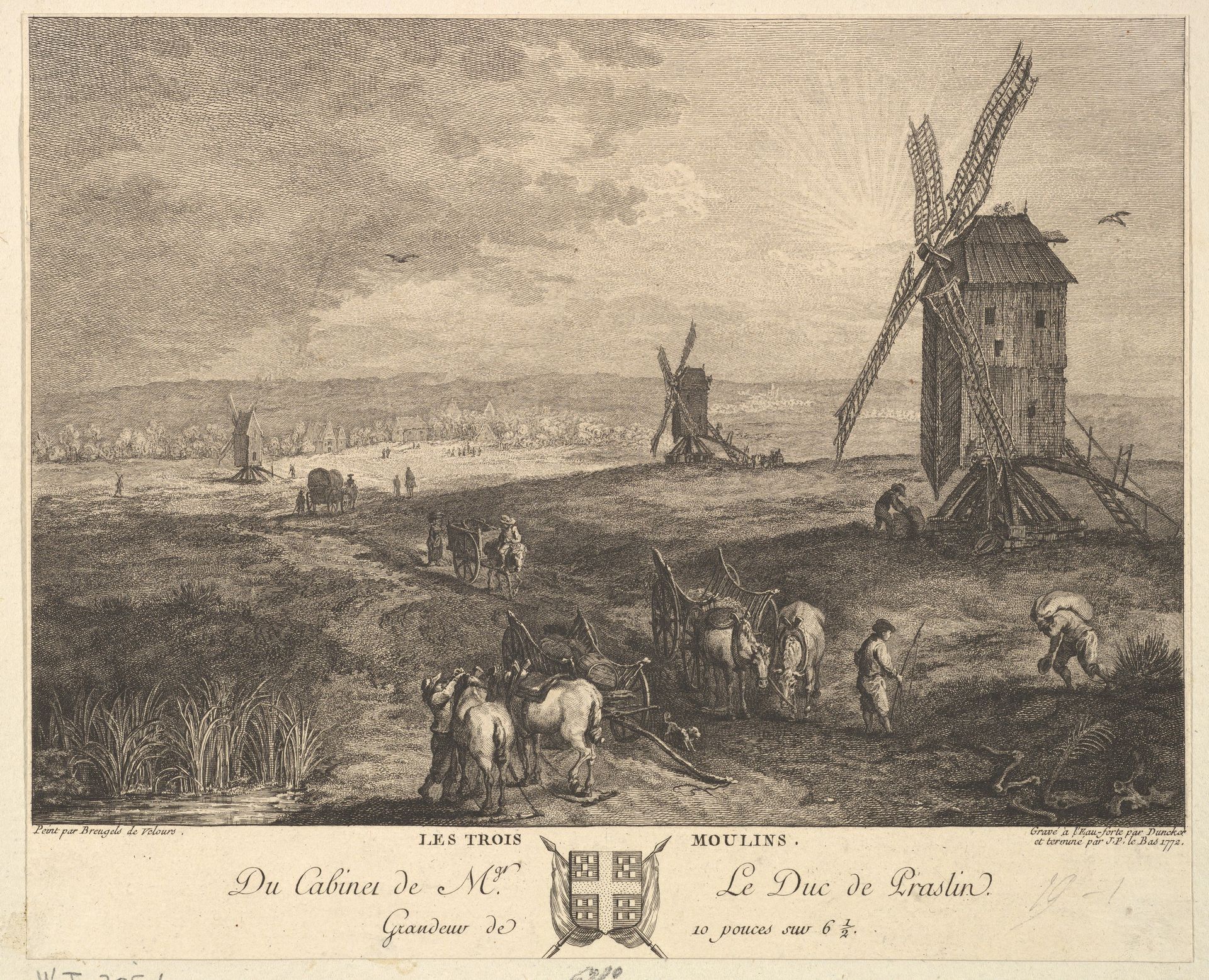 The Three Windmills (Les Trois Moulins) after a painting in the collection of the Duc de Praslin by Balthasar Anton Dunker