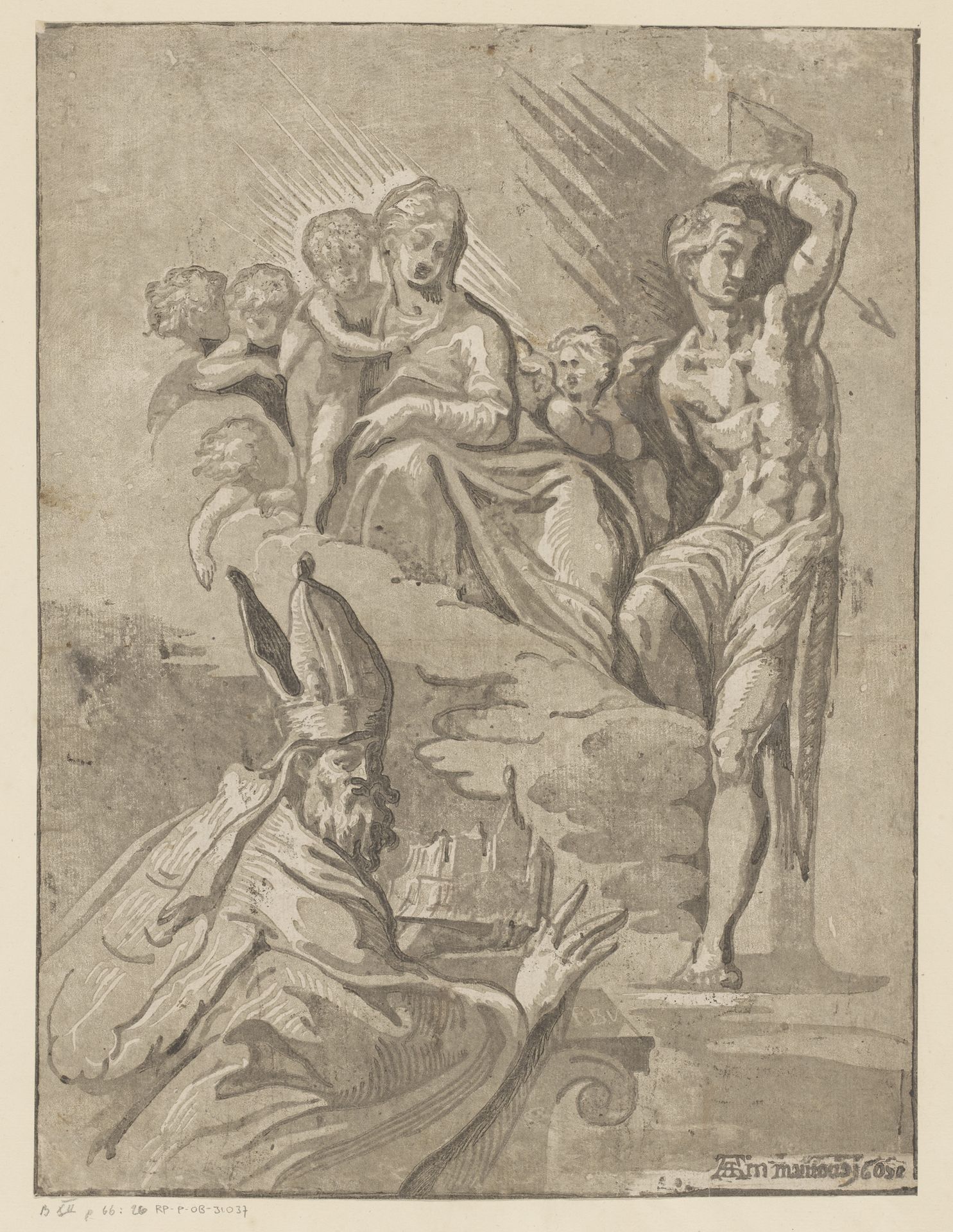Maria met Kind, Sebastiaan en een bisschop by Ugo da Carpi