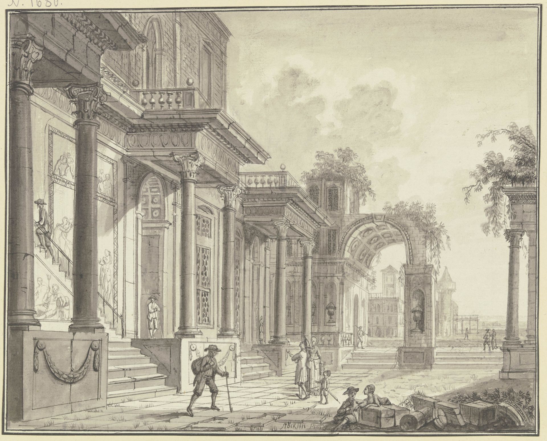 Antiker Palast mit Arkade und Durchblick auf Architektur und Landschaft, im Vordergrund Staffagefiguren by Christian Stöcklin