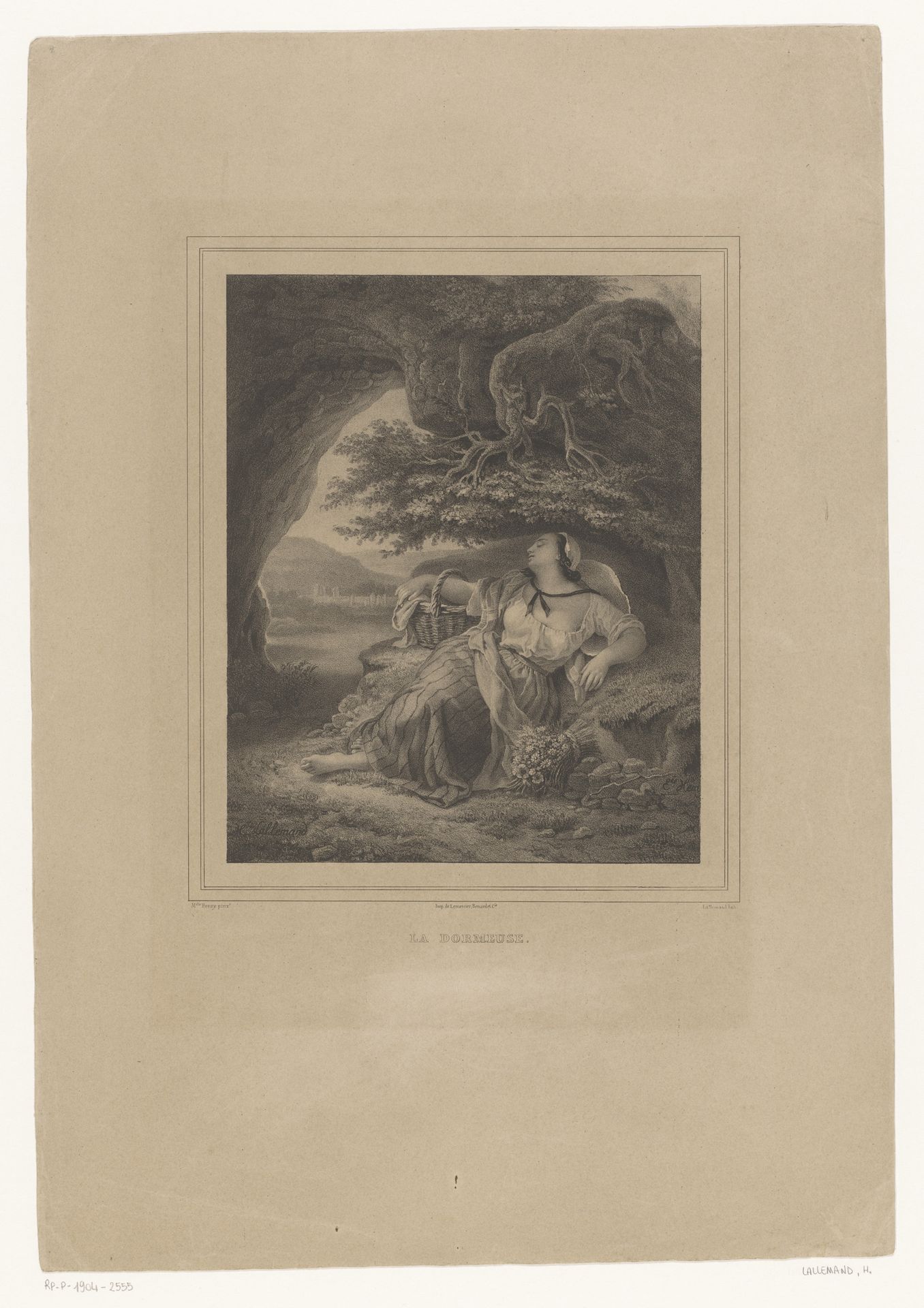 Slapende vrouw onder wortelstelsel van een boom by Hippolyte Lallemand