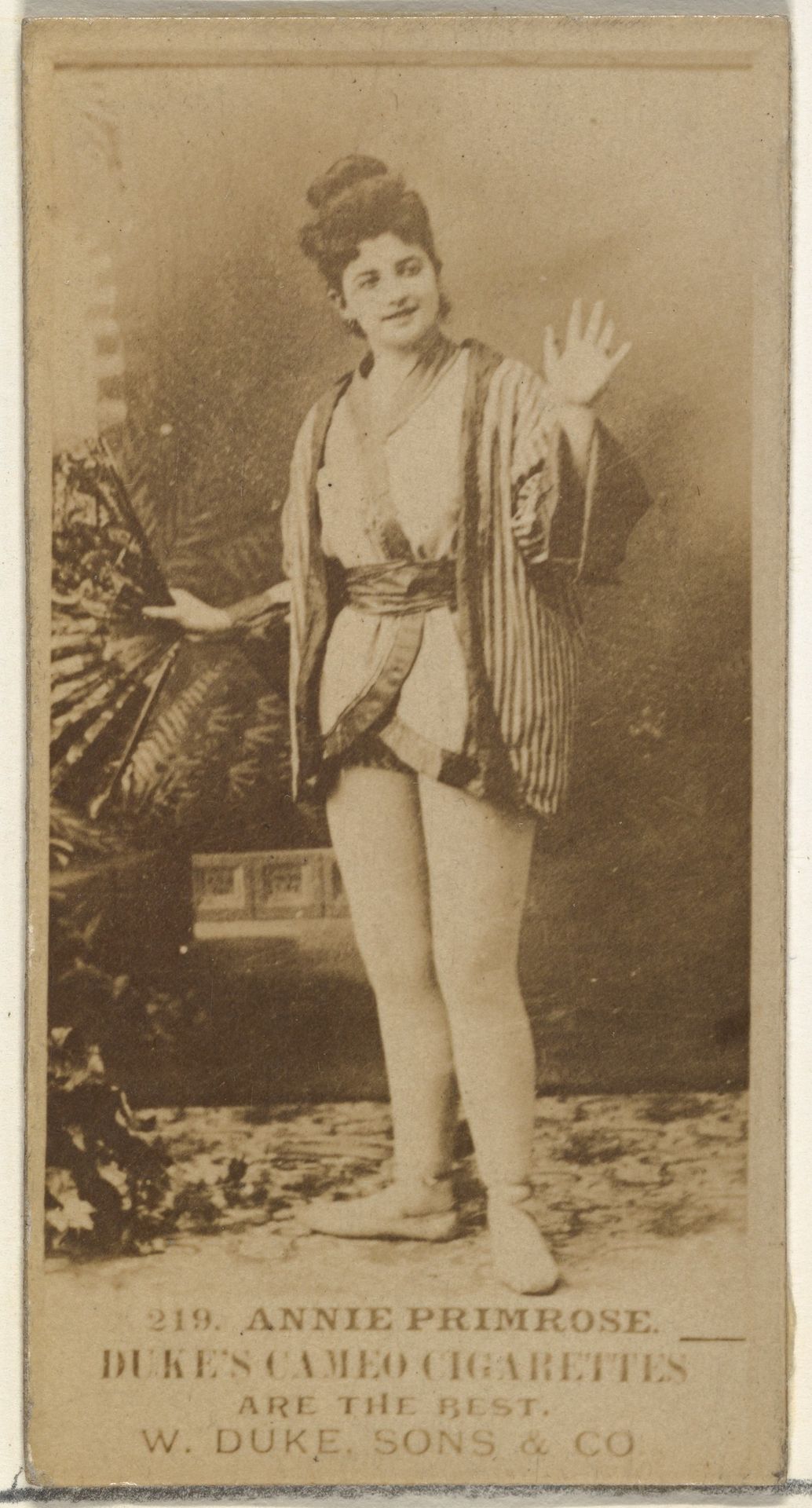 Card Number 219, Annie Primrose, from the Actors and Actresses series (N145-5) issued by Duke Sons & Co. to promote Cameo Cigarettes by W. Duke, Sons & Co.