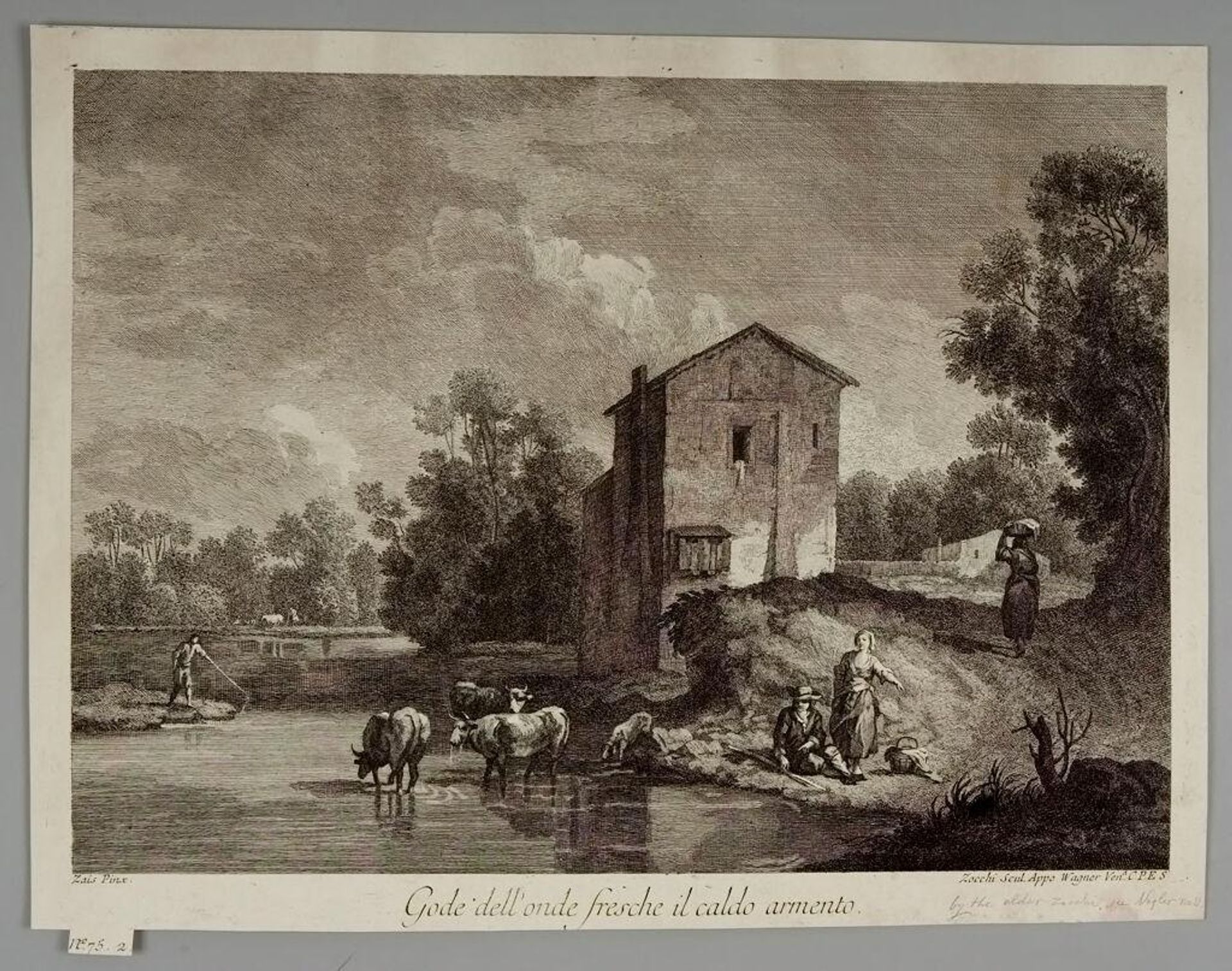 Landscape with cows drinking from a river by Giuseppe Zocchi