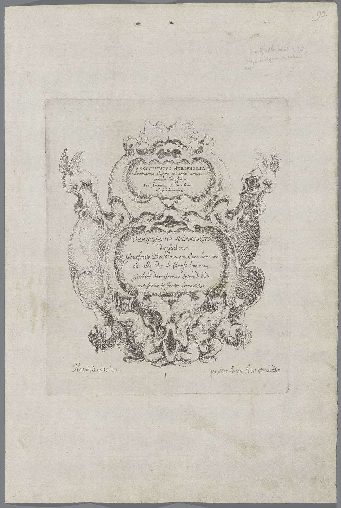 Titelprent voor een serie cartouches en ornamenten in kwabstijl by Jacob Lutma