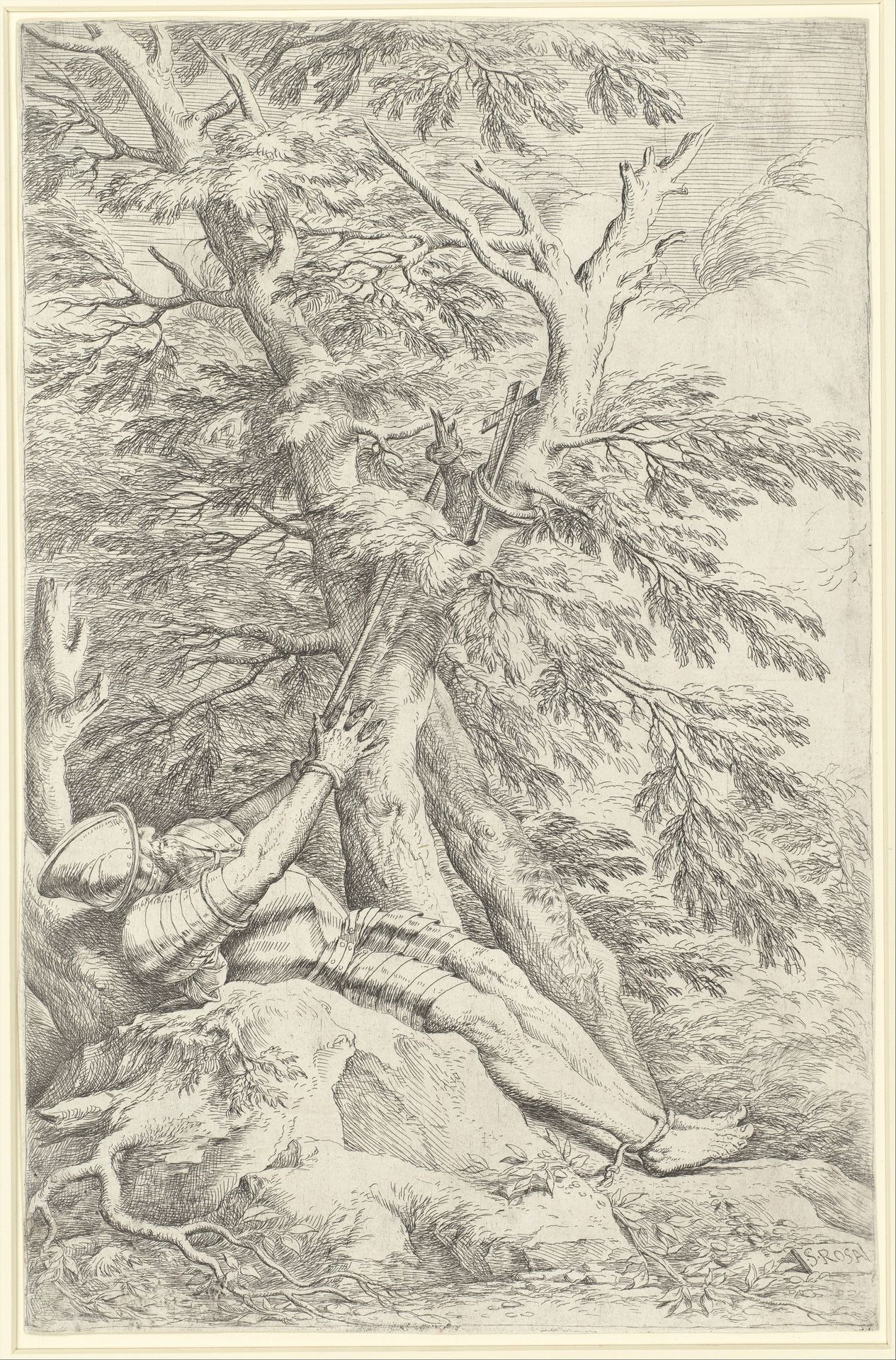 Saint William of Maleval, hands tied with rope fastened to a tree by Salvator Rosa