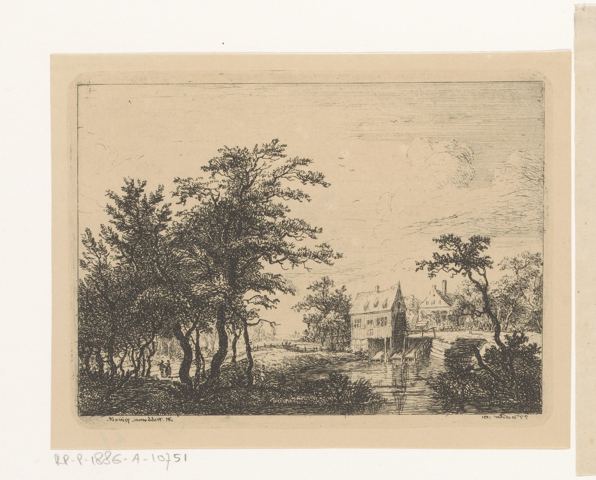 Landschap met watermolen en twee figuren tussen de bomen by Pierre François De Noter