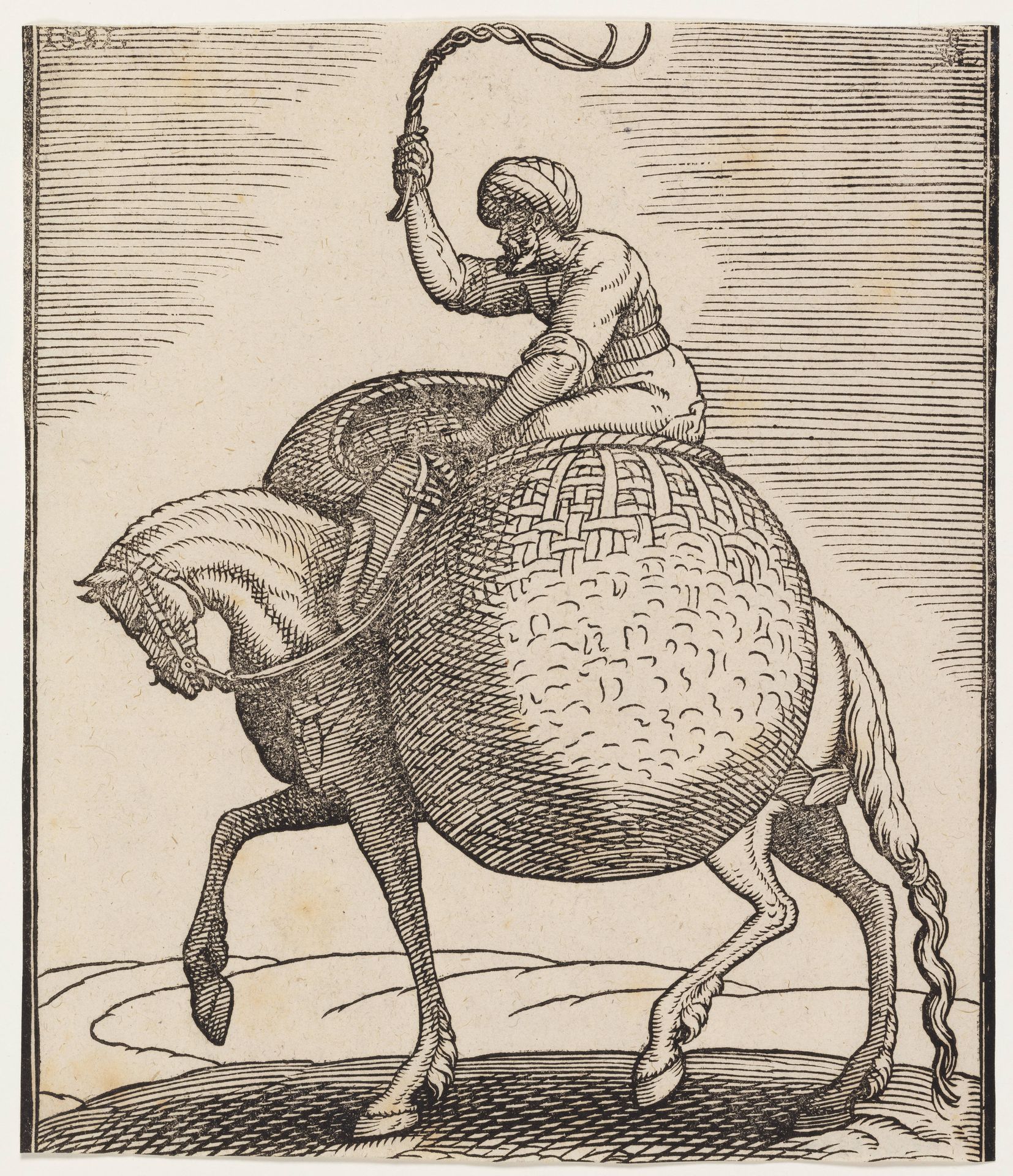 Hest med rytter og to kugleformede kurve til transport af grøntsager by Melchior Lorck
