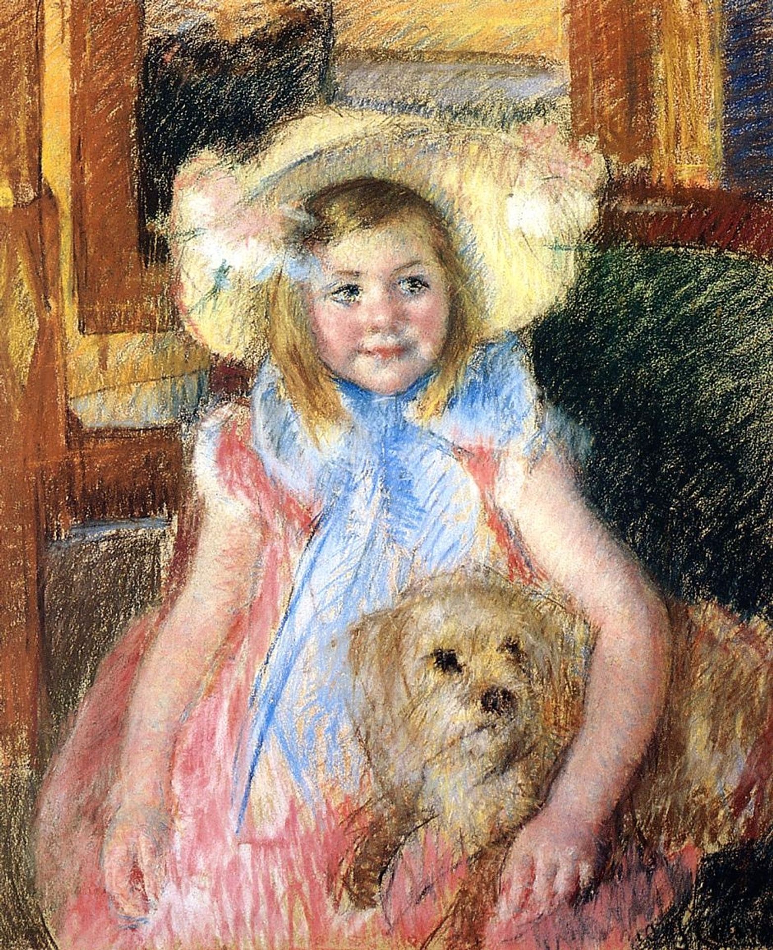Sara in a Large Flowered Hat Looking Right Holding Her Dog by Mary Cassatt