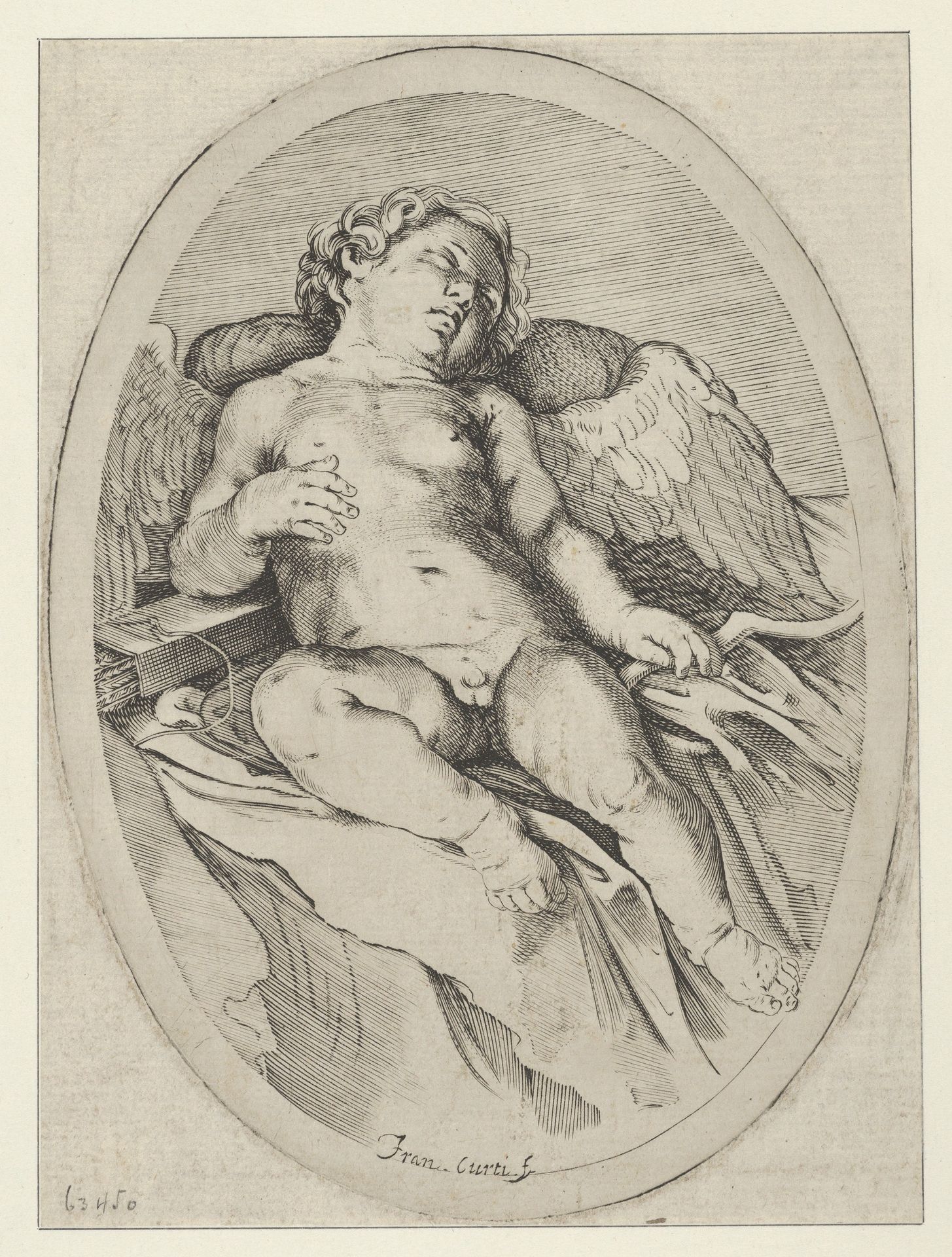Cupid asleep, resting his right arm on his quiver and his left arm on his bow, an oval composition, after Reni by Francesco Curti