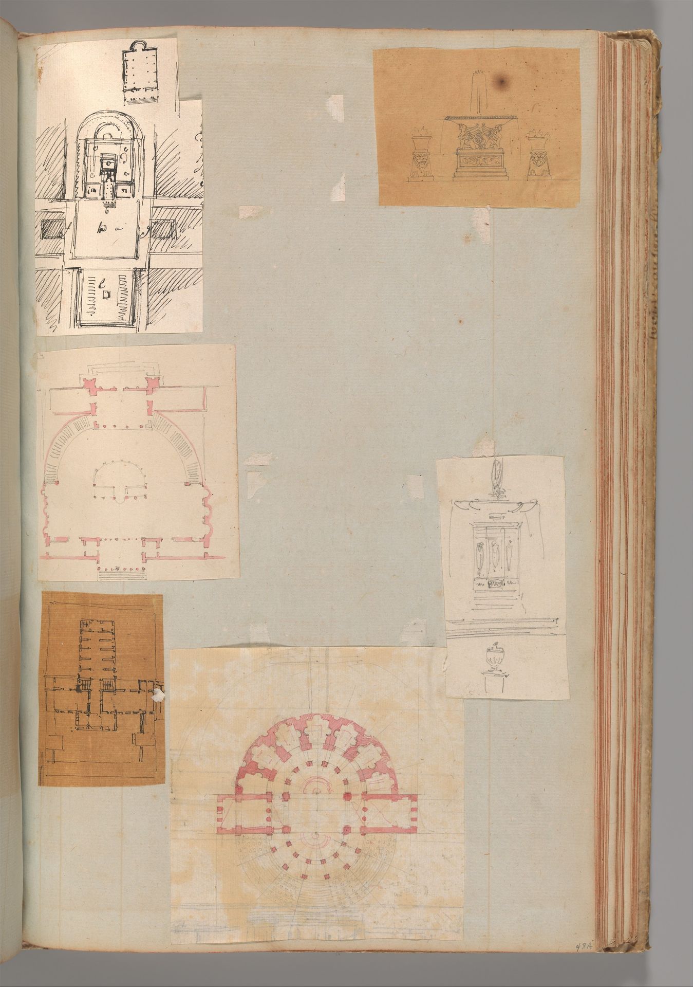Page from a Scrapbook containing Drawings and Several Prints of Architecture, Interiors, Furniture and Other Objects by Charles Percier