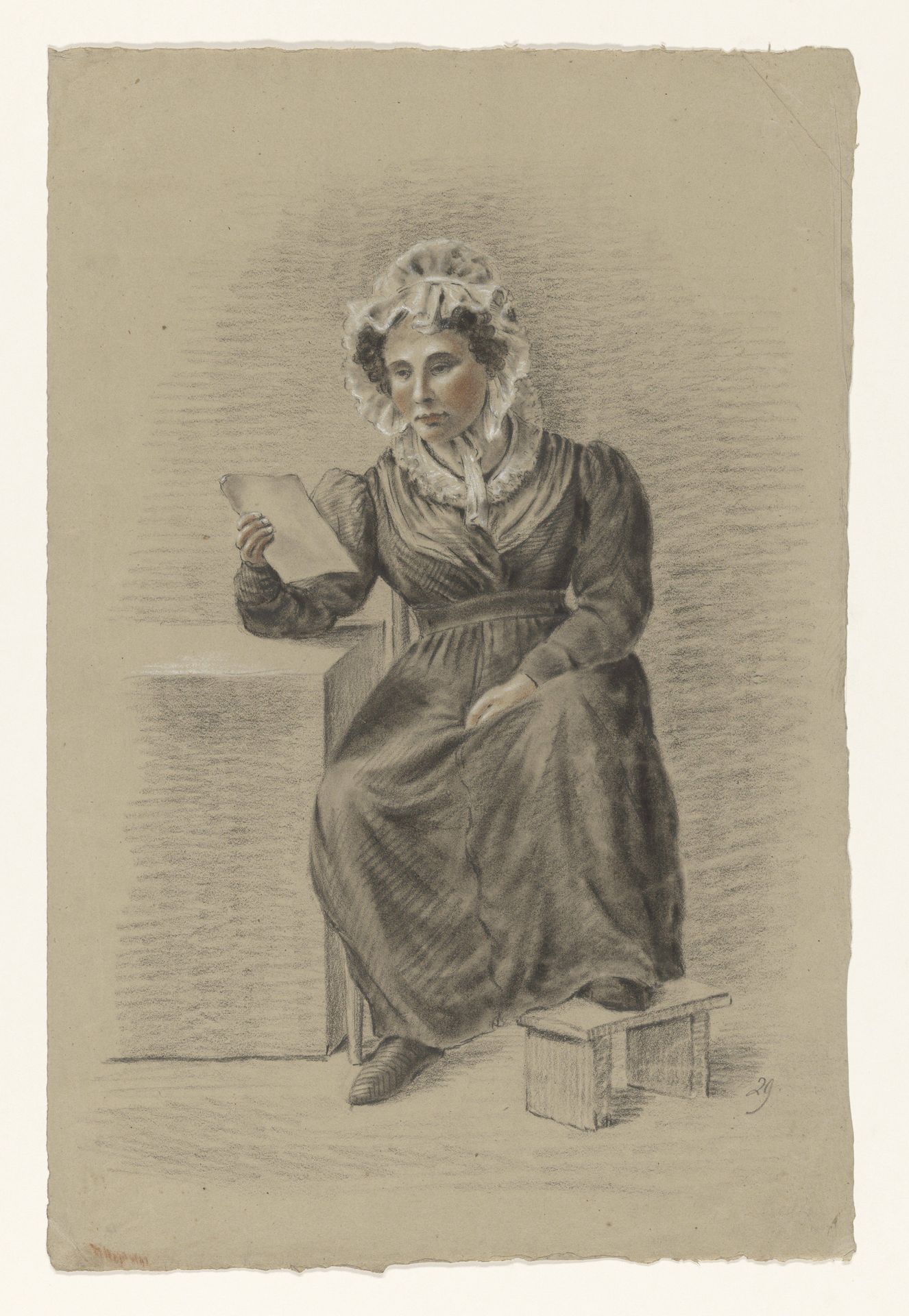 Zittende vrouw met de voet op een stoof, een brief lezend by Alexander Cranendoncq