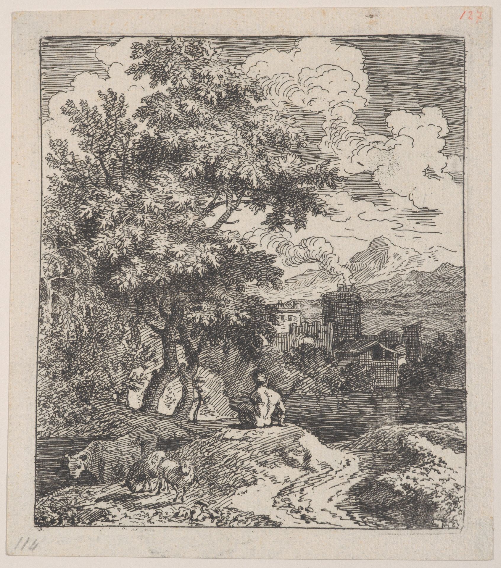 Plate 3: a shepherd seated on a hill, a cow and two sheep at left, and a town in right background, from 'Landscapes in the manner of Gaspar Dughet' by Franz Joachim Beich
