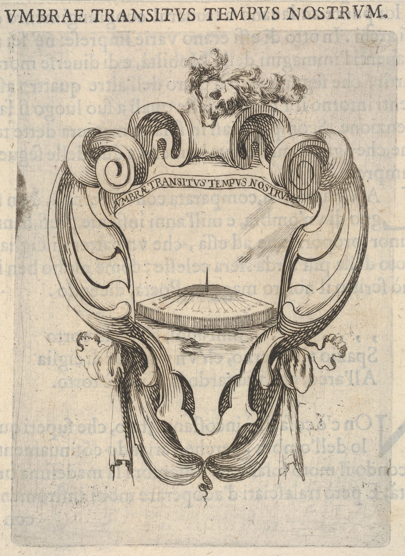 A cartouche with a sundial, a skull with feathers on its head at top, from 'Eight Emblems for the Funeral of Francesco de Medici' (Huit emblèmes pour les funérailles du prince François de Médicis) by Stefano della Bella