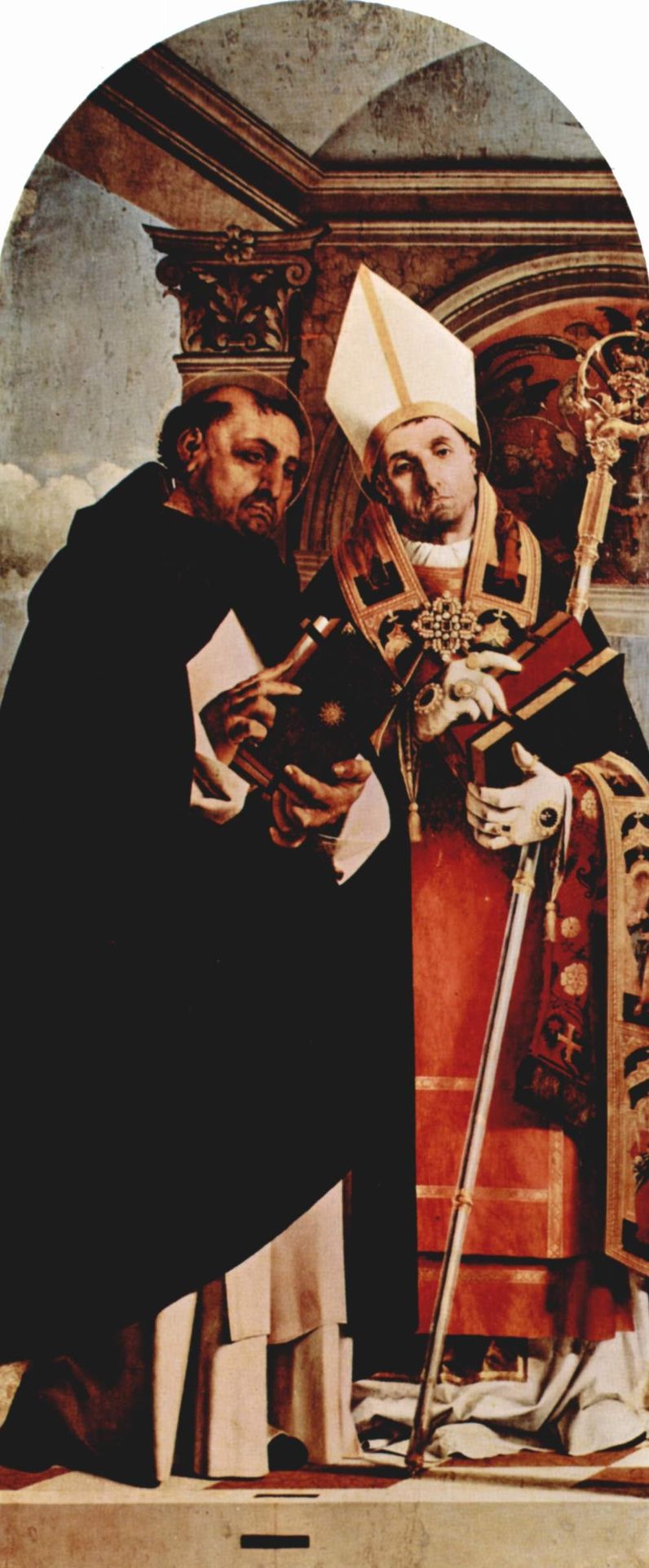 Altar of Recanati polyptych, the left wing: St. Thomas Aquinas and St. Flavian by Lorenzo Lotto
