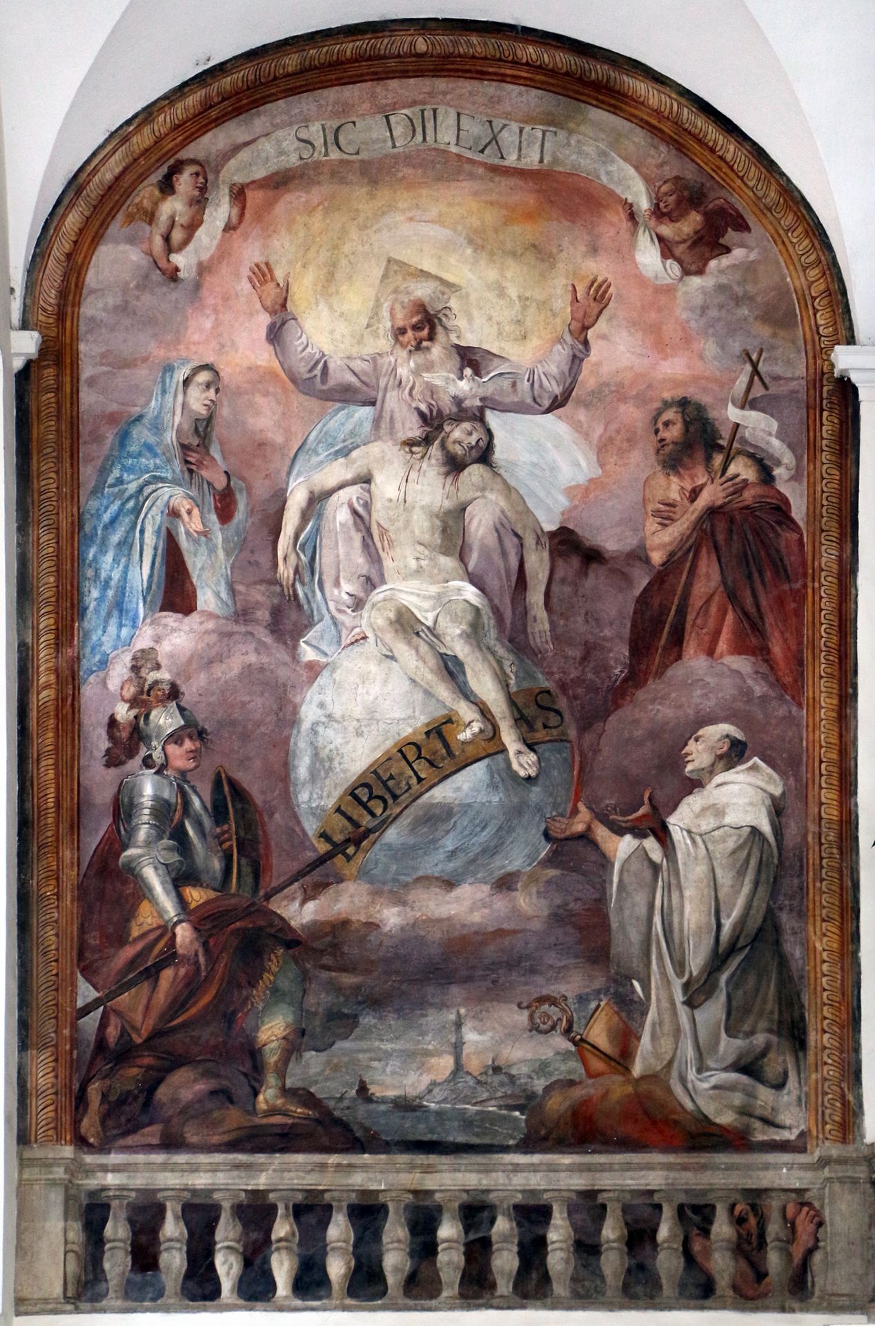 trinità con maria, giovanni battista e i santi protettori di genova giorgio e bernardo by Domenico Fiasella