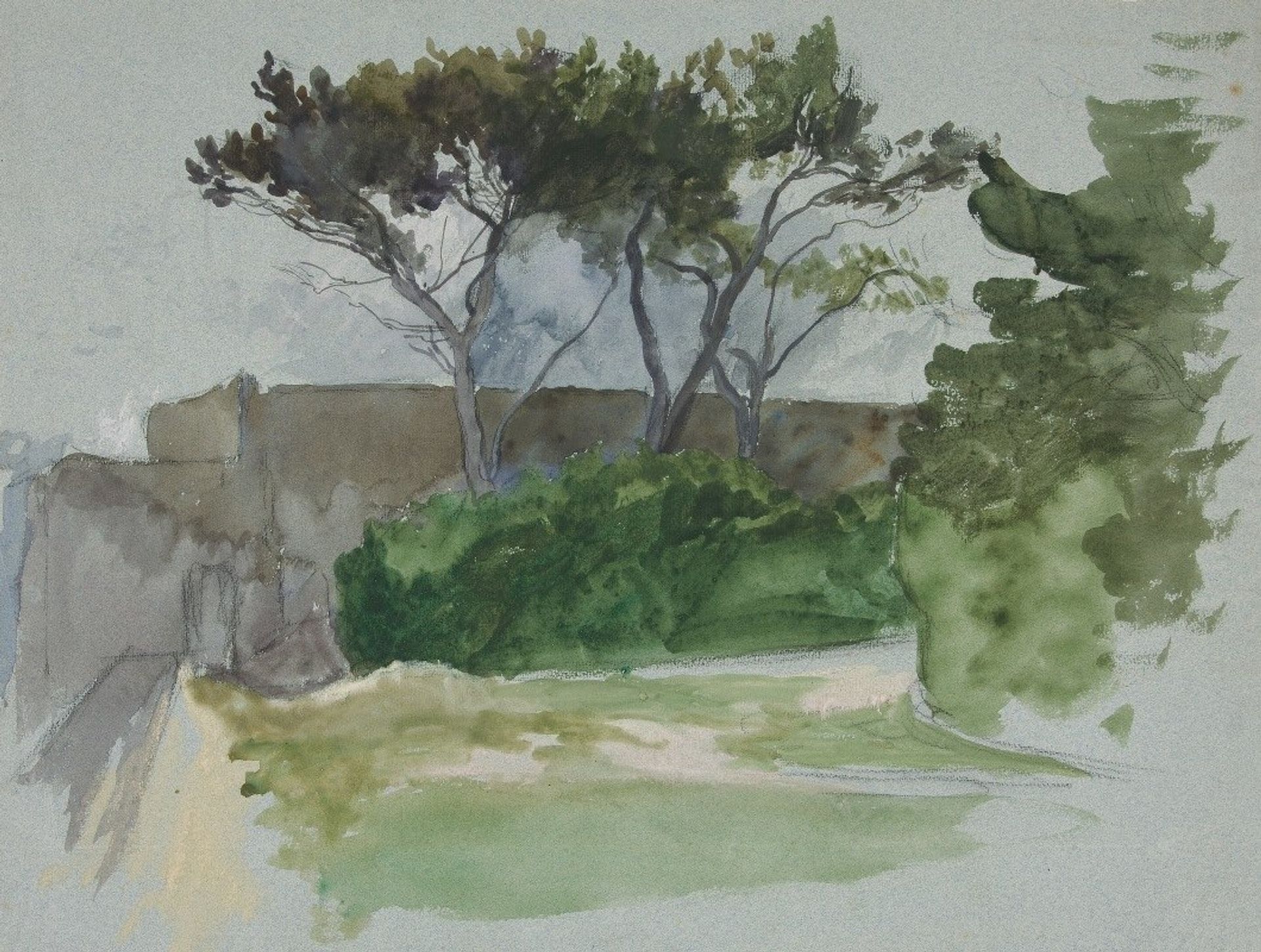 Study of landscape with trees and stone wall by Edwin Austin Abbey