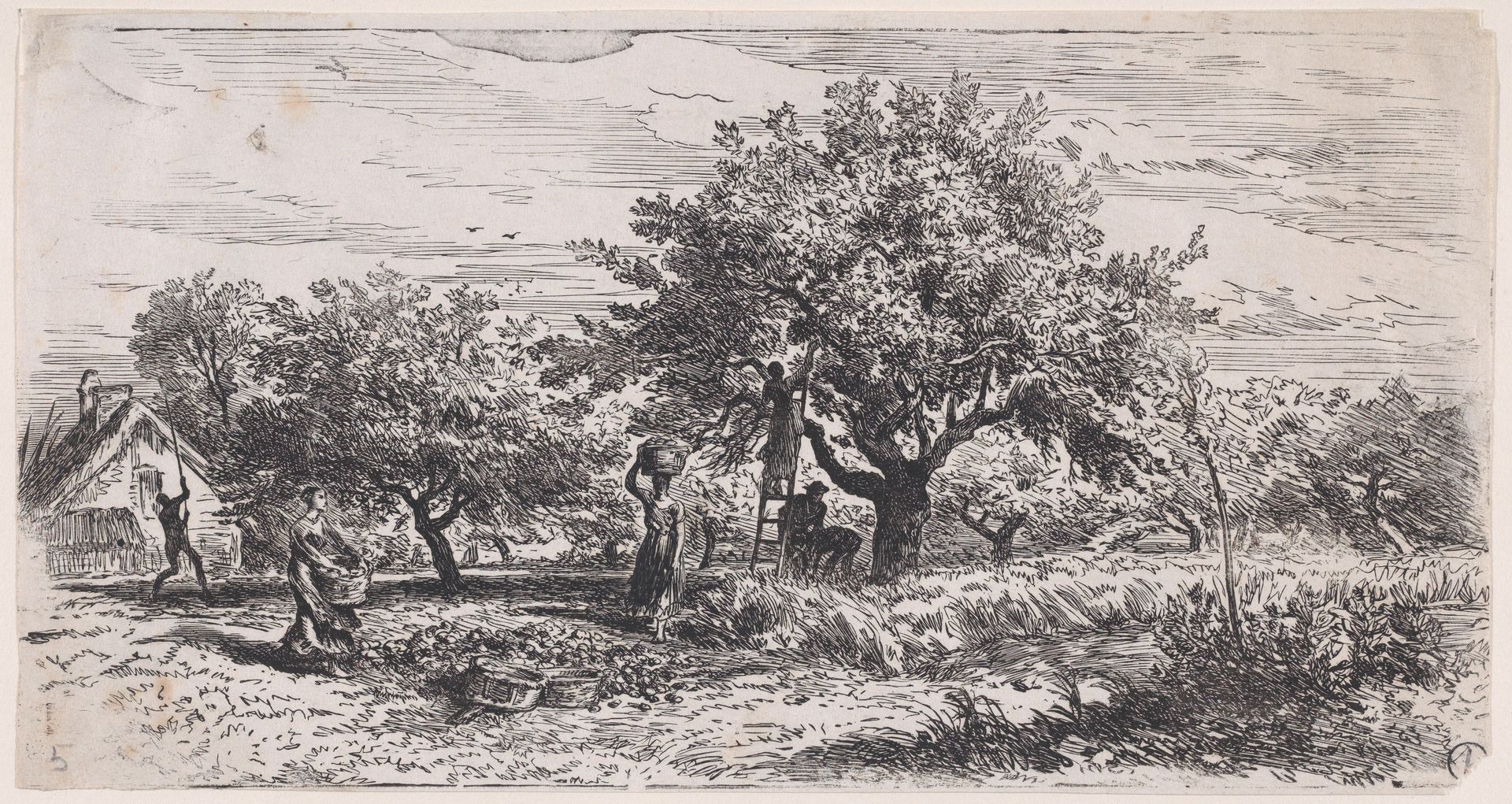 Picking fruit from tree outside cottage by Charles Jacque