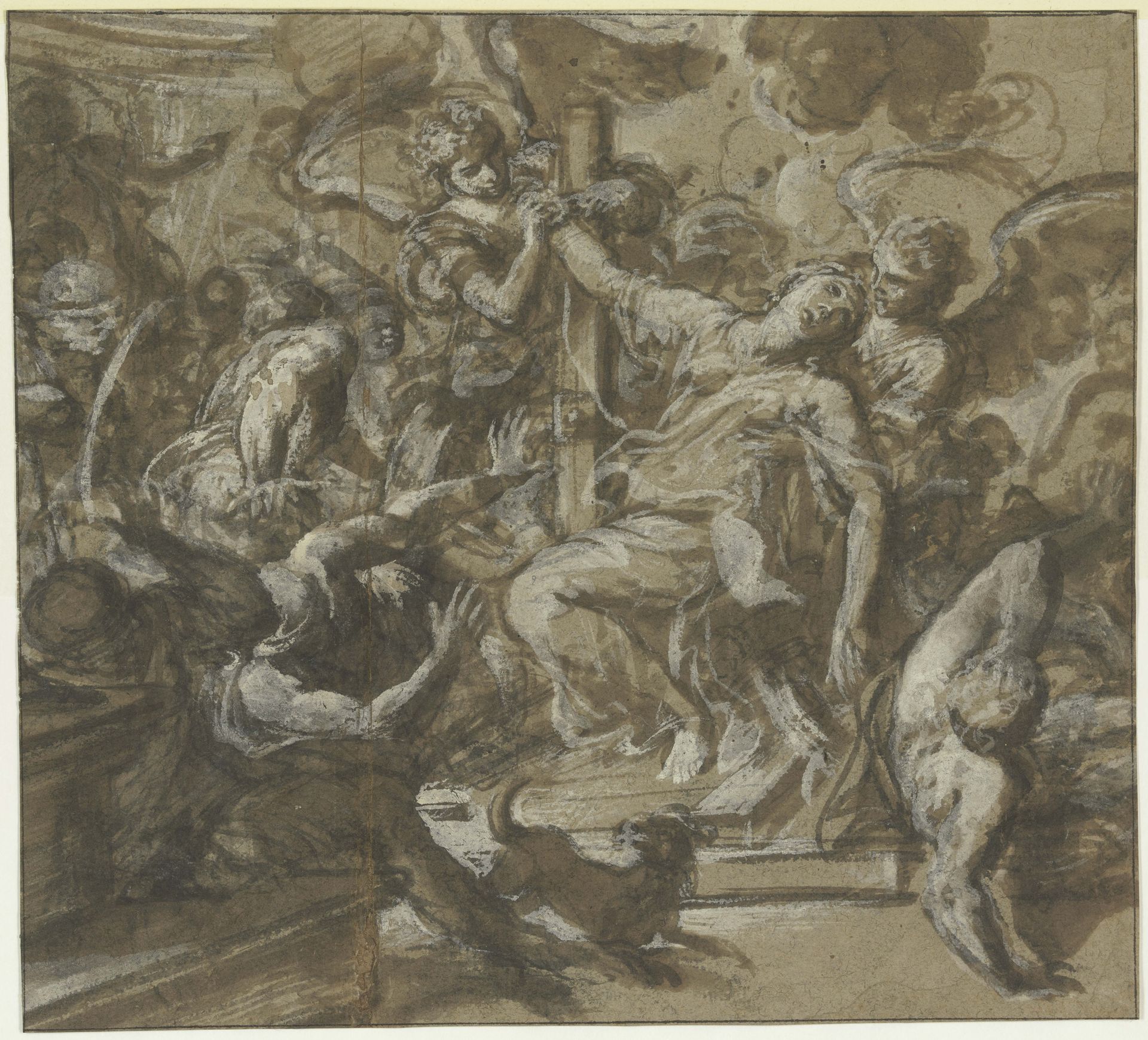 Zwei Engel befreien eine Heilige aus den Händen ihrer Marterer by Luca Giordano