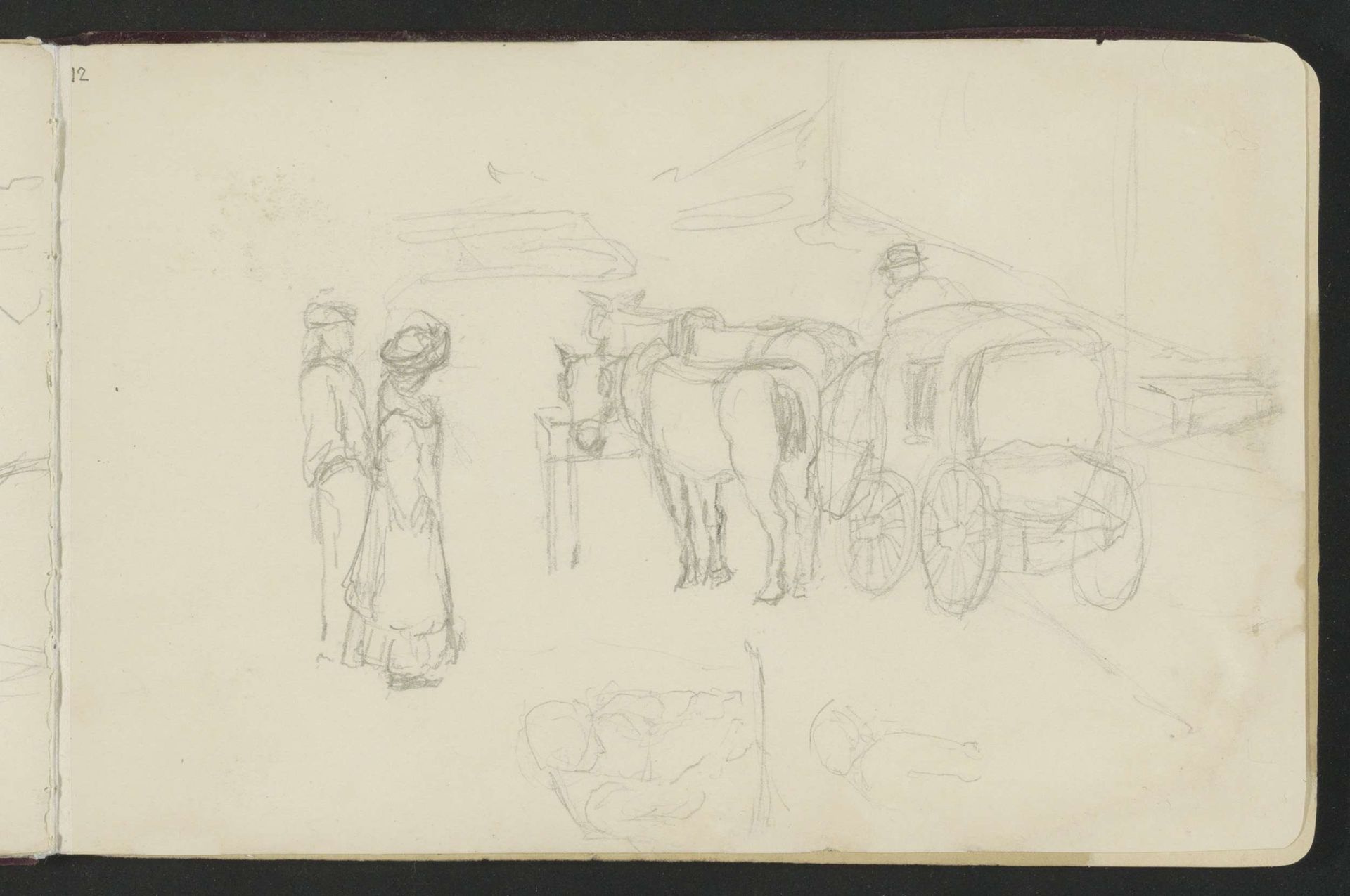 Paardenkoets en figuren op een straat by Jozef Israëls
