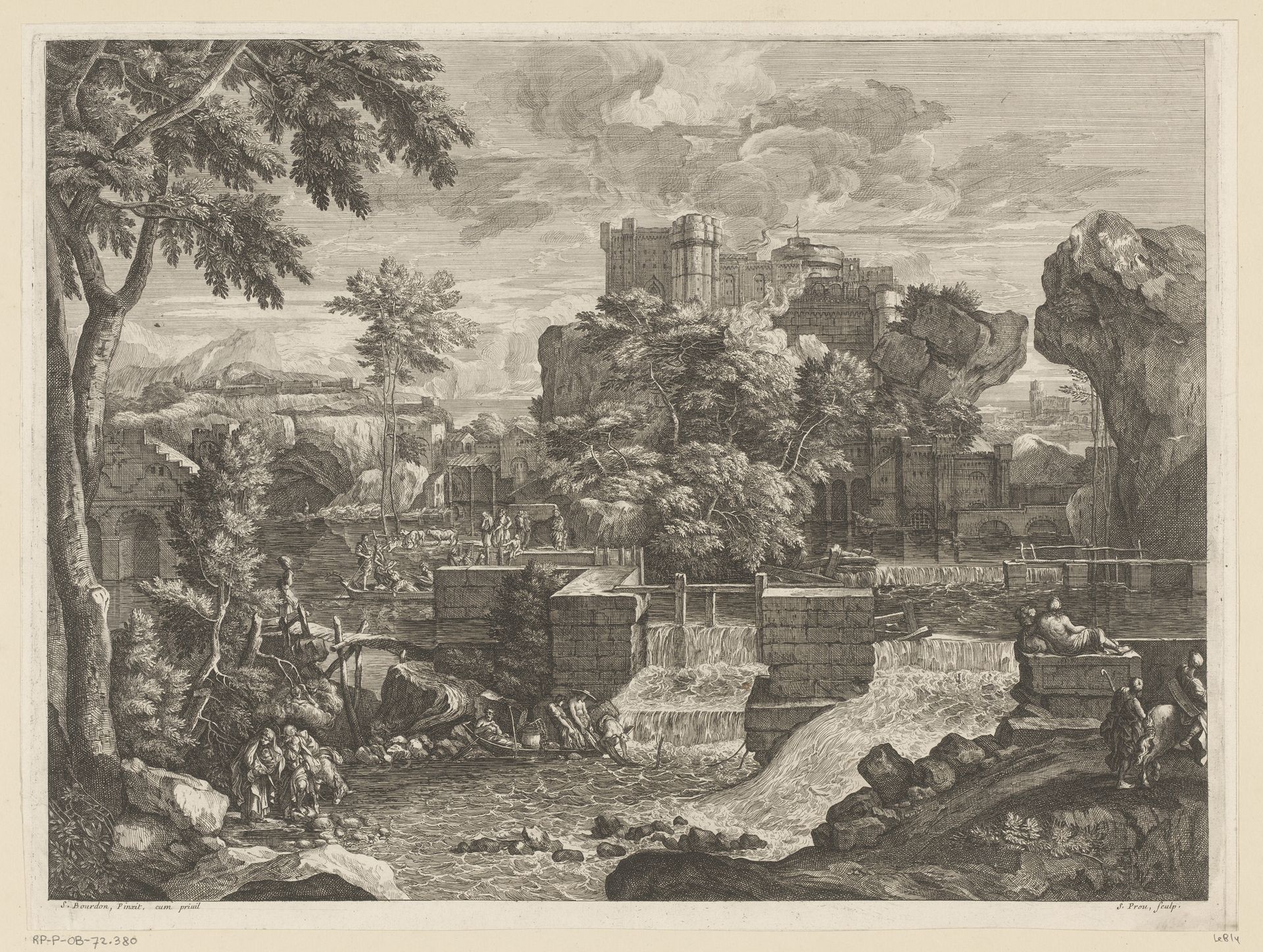 Rivierlandschap met de Heilige Familie op de vlucht naar Egypte by Jacques Prou
