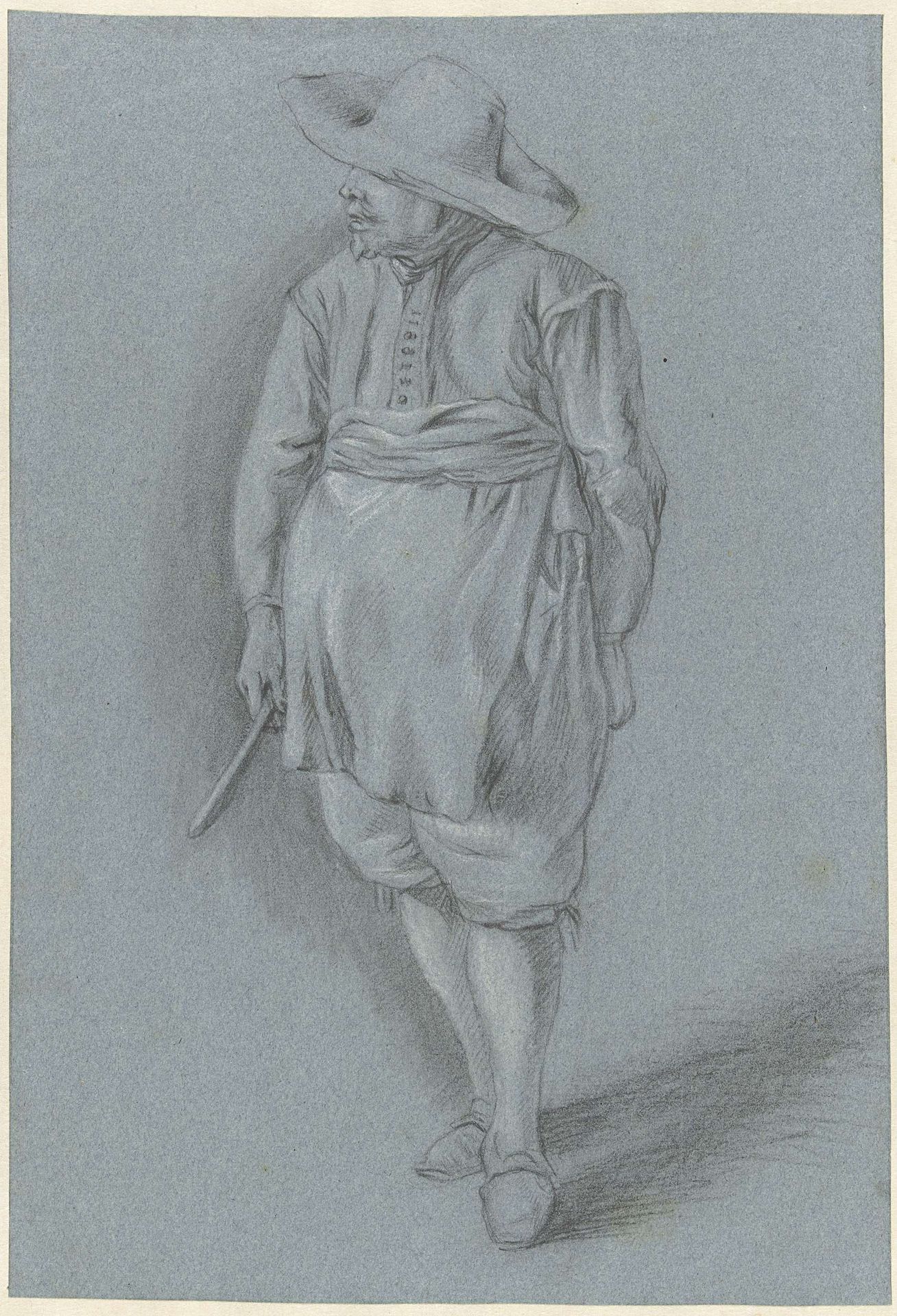 Man in 17e-eeuwse kledij met hoed, schort en mes by Hendrik van Velthoven