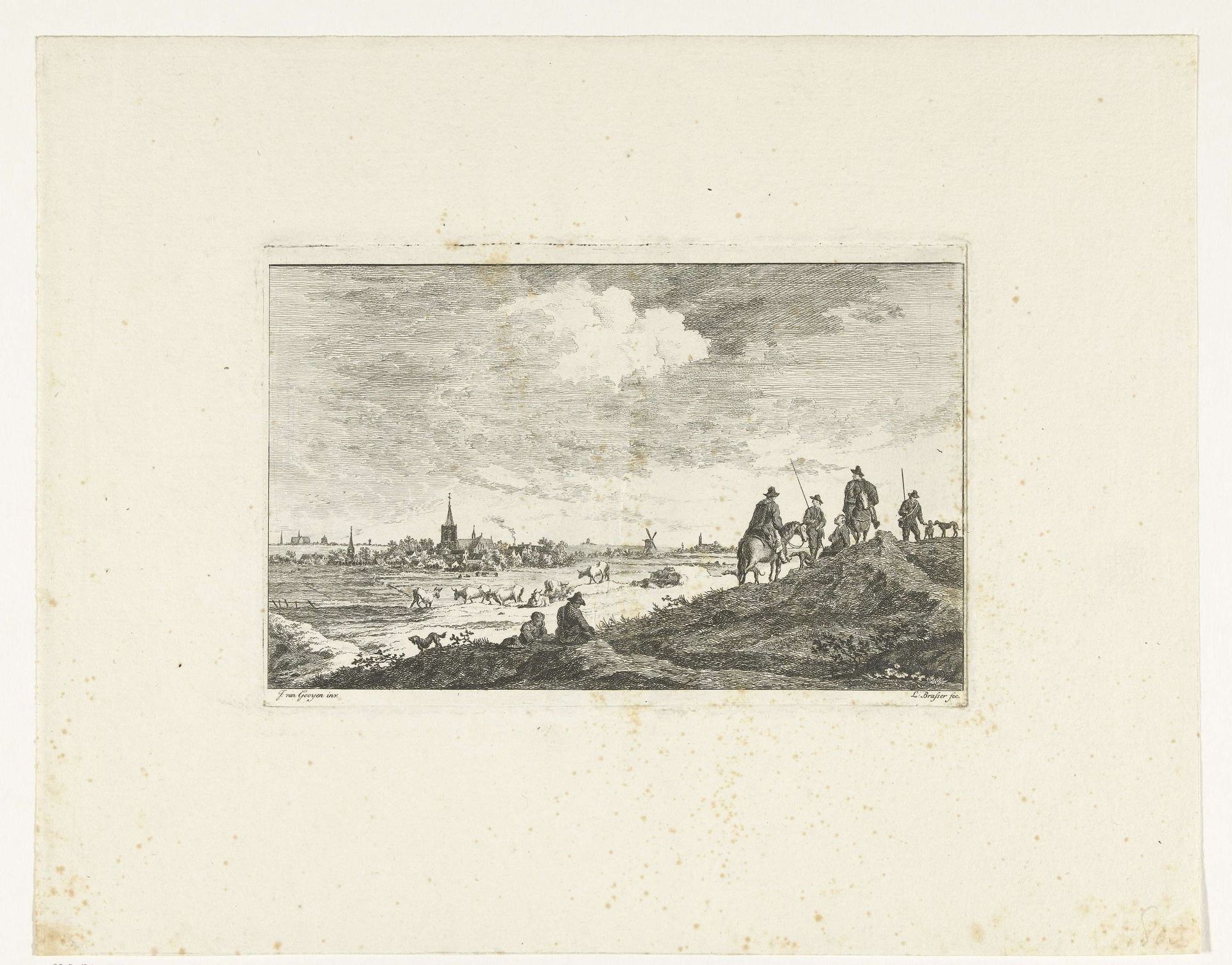 Landschap met jagers by Leendert Brasser