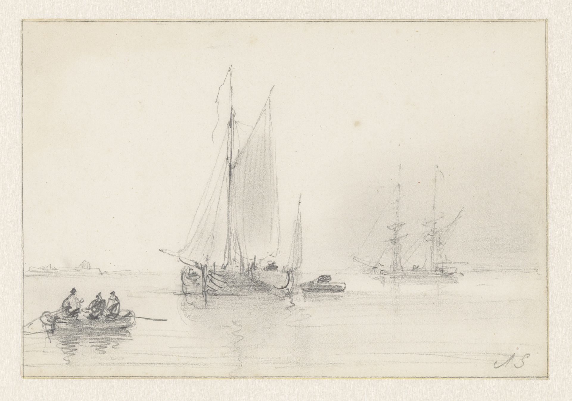 Marine met twee grote zeilschepen en twee roeibootjes by Andreas Schelfhout