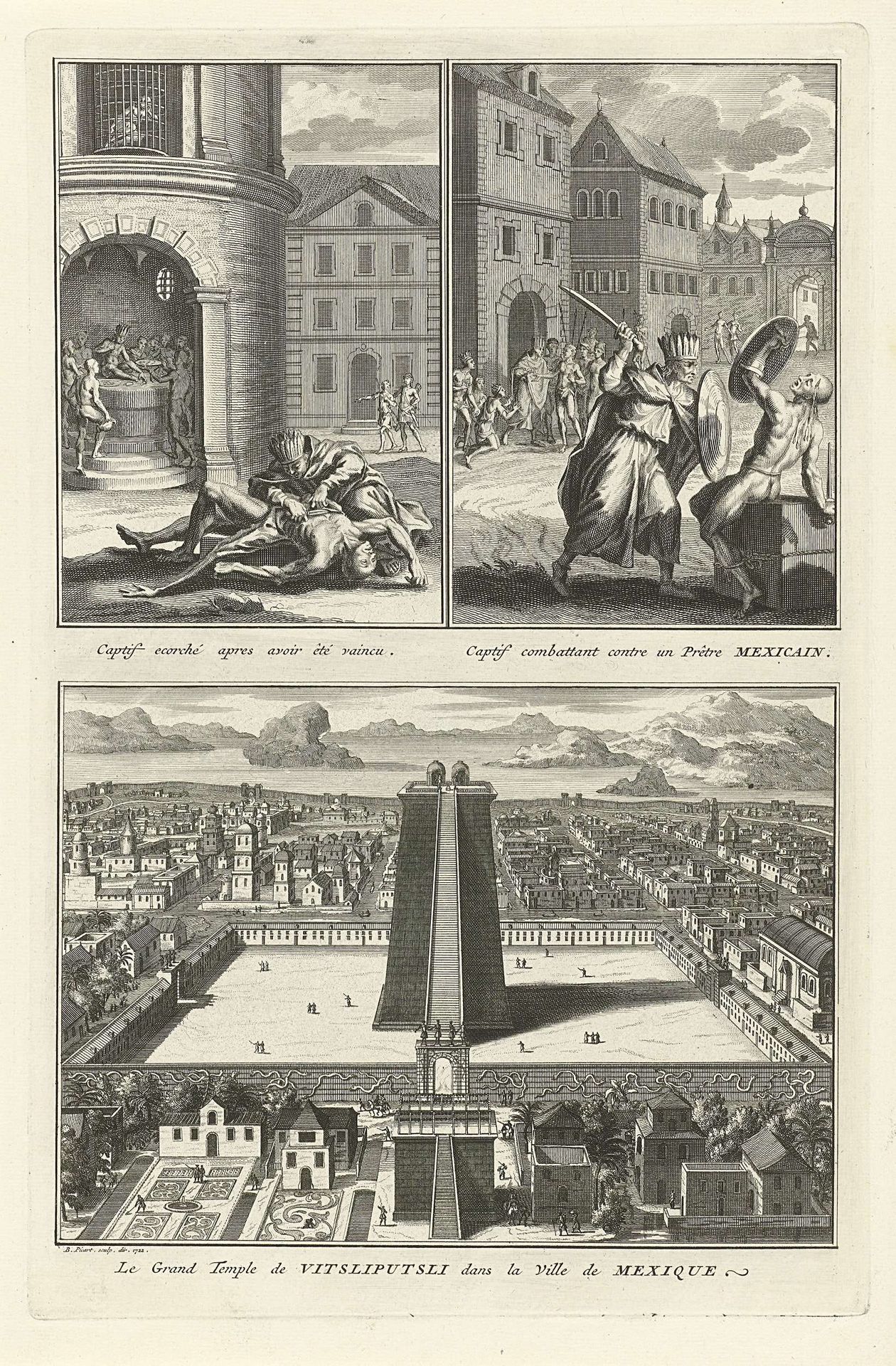Voorstellingen van gevangenen en een tempel in Mexico by Bernard Picart