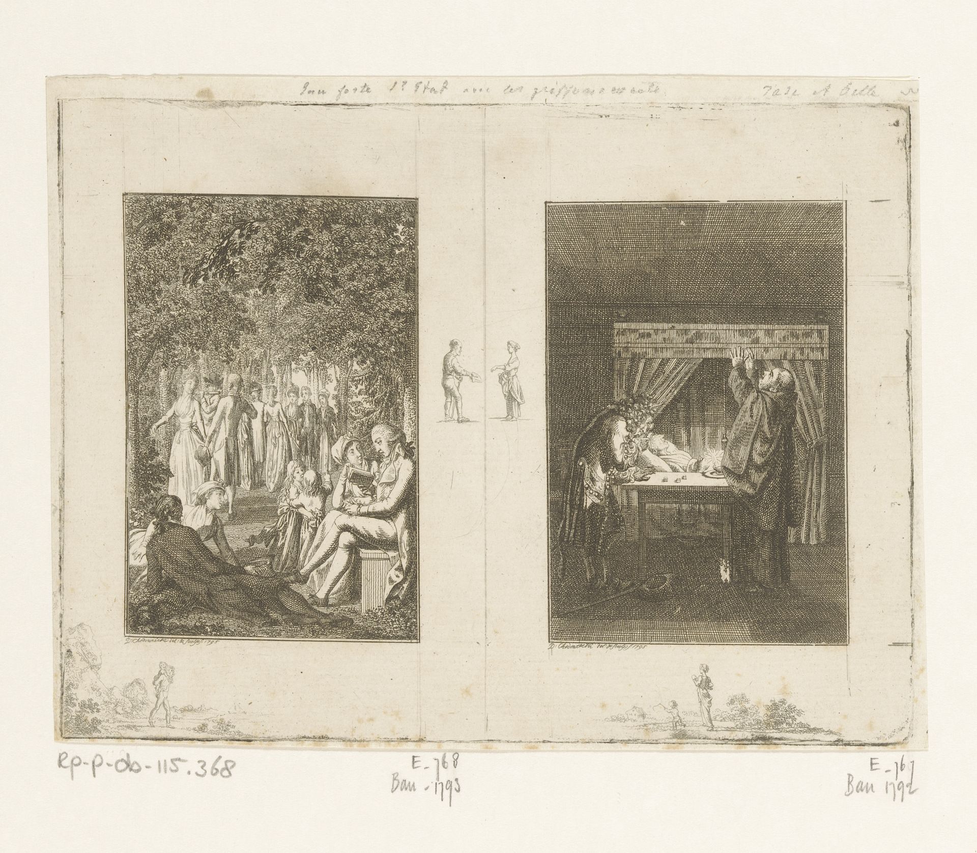 Twee voorstellingen uit de verhalen van Wilhelm Gottlieb Becker by Daniel Nikolaus Chodowiecki
